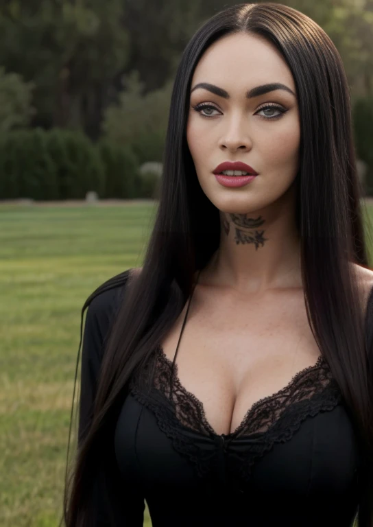 una mujer vestida de negro sosteniendo una rosa azul en un cementerio, Morticia addams, Megan fox como Morticia addams, ella la reina de las rosas azukes, Imagen de un video musical, Addams, Por el cuervo negro, ella llevaba un vestido negro, godo, con una larga capa negra, Cuervo, La familia Addams, video screenshot, Ella tiene el pelo negro