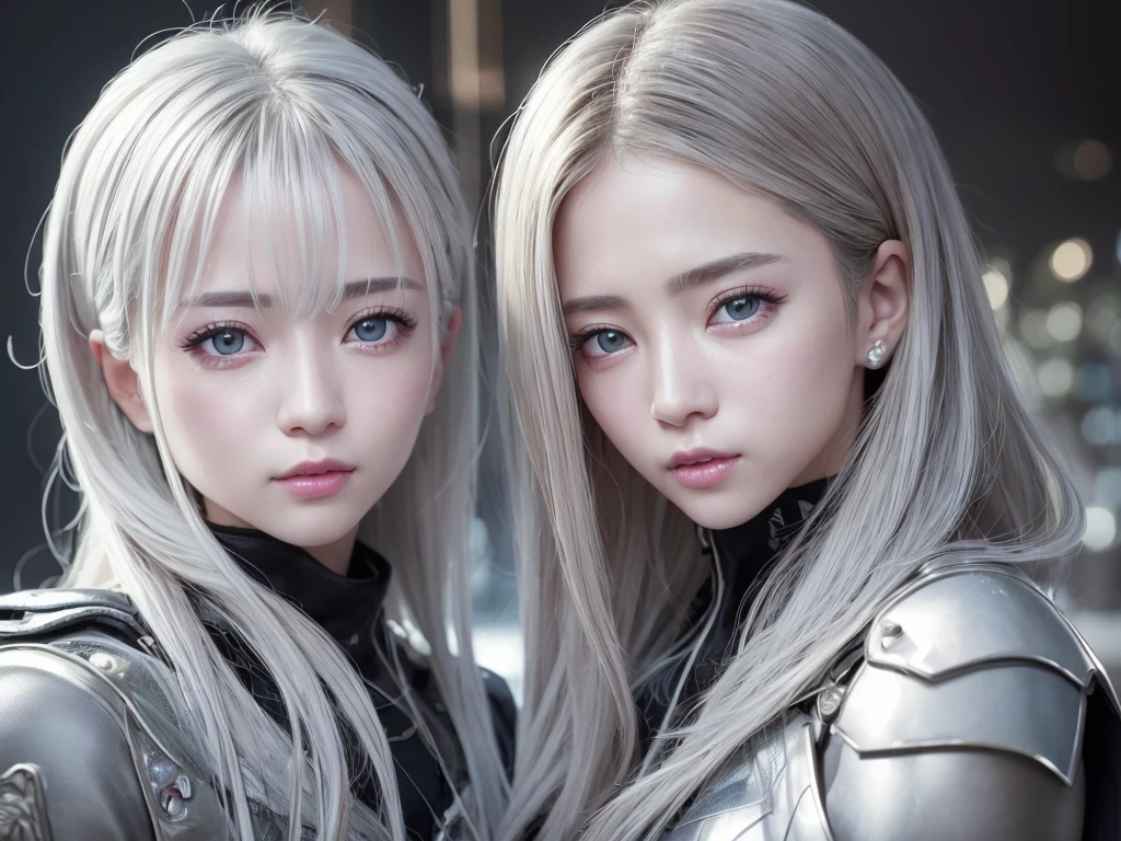 highest quality、8k Masterpiece、超A high resolution、(Photorealistic:1.3)、RAW Photos、1 girl、Silvery white hair、Glowing Skin、1. Super-beautiful Cyberpunk Soldiers、((Ultra-Realistic Details))、Portrait、Global Illumination、Shadow、Octane Rendering、8k、Super sharp、Beautiful breastetal、Cold colors、、Very intricate details、Realistic Light、CGSoation Trend、Beautiful Eyes、Shining Eyes、To the camera、Neon Details、
