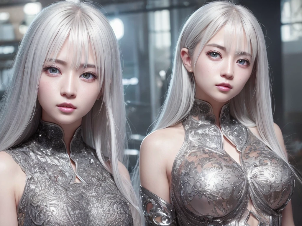 highest quality、8k Masterpiece、超A high resolution、(Photorealistic:1.3)、RAW Photos、1 girl、Silvery white hair、Glowing Skin、1. Super-beautiful Cyberpunk Soldiers、((Ultra-Realistic Details))、Portrait、Global Illumination、Shadow、Octane Rendering、8k、Super sharp、Beautiful breastetal、Cold colors、、Very intricate details、Realistic Light、CGSoation Trend、Beautiful Eyes、Shining Eyes、To the camera、Neon Details、