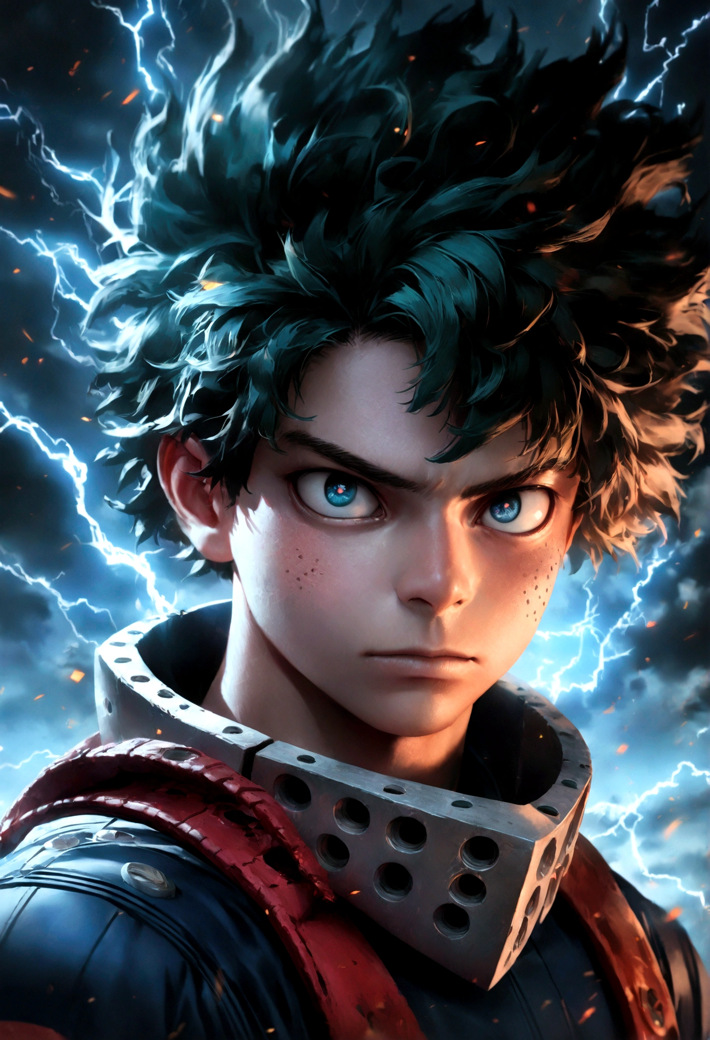 1boy, Midoriya Izuku from Boku no Hero Academia, detailed face and eyes, lightning electricity effects, serious expression, beautiful detailed face, masterpiece, ultra-detailed, photorealistic, cinematic lighting, dramatic colors, intricate details, hyperrealistic, digital art