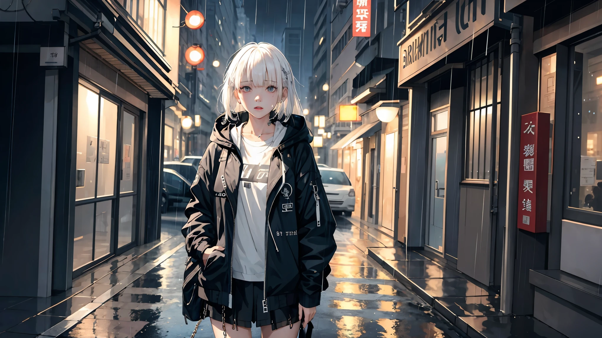 1 girl, jacket, rain, outdoor, hoodie, open jacket, chain, Backpack, looking at another, Messy white hair, Popular topics on Artstation, 8K resolution, Very detailed, anatomically correct, clear image, number, concept art, Hot topics on pixiv, Xin Haicheng's style,