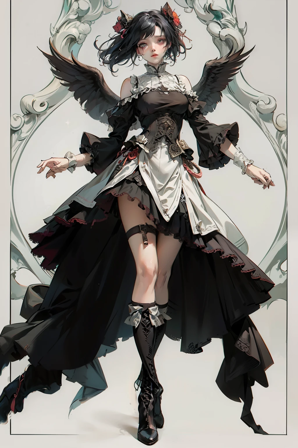 ((best quality)), ((masterpiece)), (detailed), blank white background, plain background, white background, red and white clothing, Bloodborne inspired, occult aesthetic, occult, detailed and intricate steampunk and detailed gothic, NSFW, Very dramatic and cinematic lighting, cosmic horror, grim-dark, side-lighting, perfect face, NSFW, Fluttering lace flared long knee length dress with frilly petticoats, knee length dress, pleated petticoats, lolita dress, petticoats gothic lolita, complex lace boots, side-lighting, gothic lolita aesthetic, wielding a mighty sword, carbine, NSFW, beautiful small breasts, small breasts, full body, whole body, body, plain background, white background, blank background, no background, white background NSFW, full body, whole body, head-to-toe NSFW