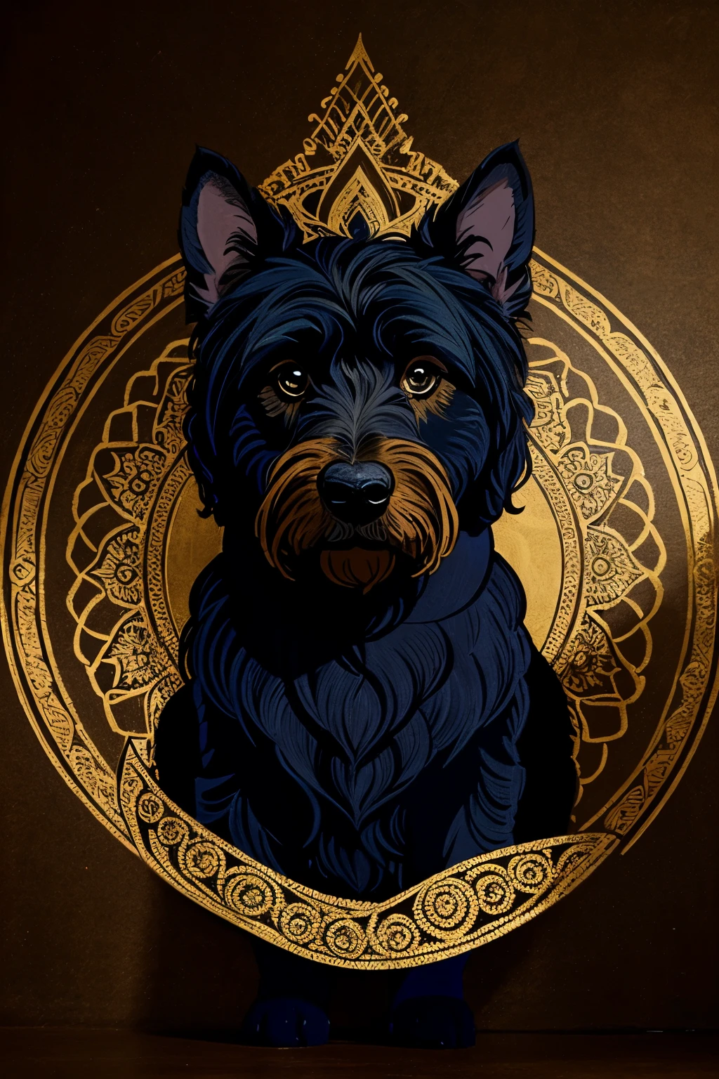 21h
dark blue goldendoodle colors with golden elements,drawing style,mandala inside the body, black background