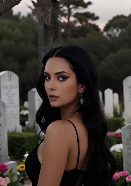 una mujer vestida de negro sosteniendo una rosa en un cementerio, Morticia addams, Nata Lee como Morticia addams, ella la reina de las rosas negras, Imagen de un video musical, Addams, Por el cuervo negro, ella llevaba un vestido negro, godo, con una larga capa negra, Cuervo, La familia Addams, video screenshot, Ella tiene el pelo negro