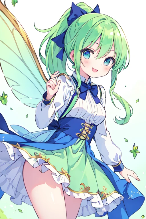 (best quality, masterpiece:1.2), illustrations,
 a cute girl, cute face, kawaii, early s, 15-year-old, very lovingly face,
 ponytail, pale green hair, shiny hair,
 blue eyes,
 medium breasts,
 fairy wings, fairy dress,
 floating in the air,
 smile,
 white background,