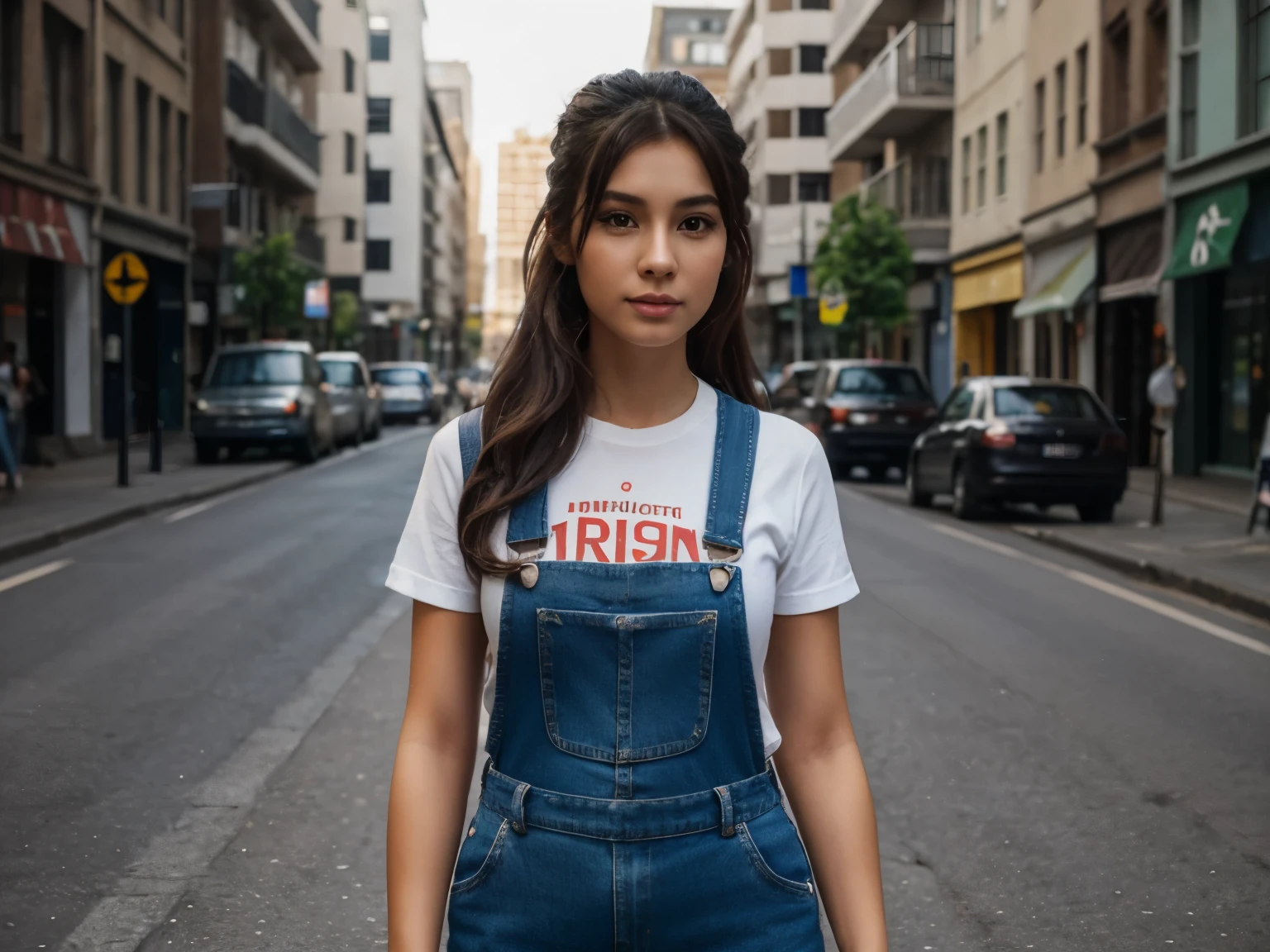 a photo of pho3b3cat3s, beautiful woman, ((24 years old)), street, tshirt, denim overalls, 1980s, retro, long wavy dark hair ponytail, (masterpiece), (extremely detailed CG unity 8k wallpaper), Intricate, ((photorealistic)),