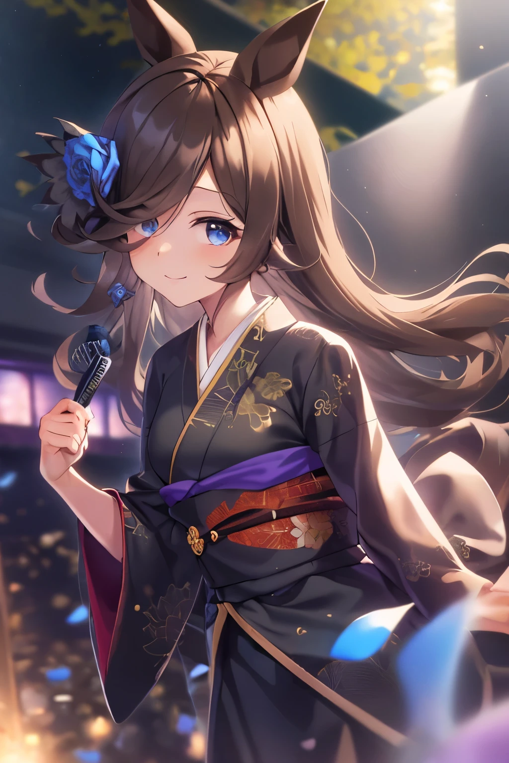 (Tabletop.highest quality).(Dynamic Angle). (CG paintings with attention to detail),(Perfect Image)、Comic Strip.shape.1 girl.Detailed face、Perfect Face.Delicate face、Delicate girl in black kimono、Rough skin、Black Hair.length、(Umamimi Girl)Umamimi Girl、((Beautiful Blue Eyes)).繊細でBeautiful Eyes、Beautiful Eyes、Reflective Eyes、smile.(Looking at the audience:1.3).8k wallpaper、Cowboy Shot、reflected light、Most detailed、Complex、((Delicate dark background、Dark room))、Rough skin、Fine skin、(Super Resolution)、((Japanese girl in black clothes))、全体的にDark room