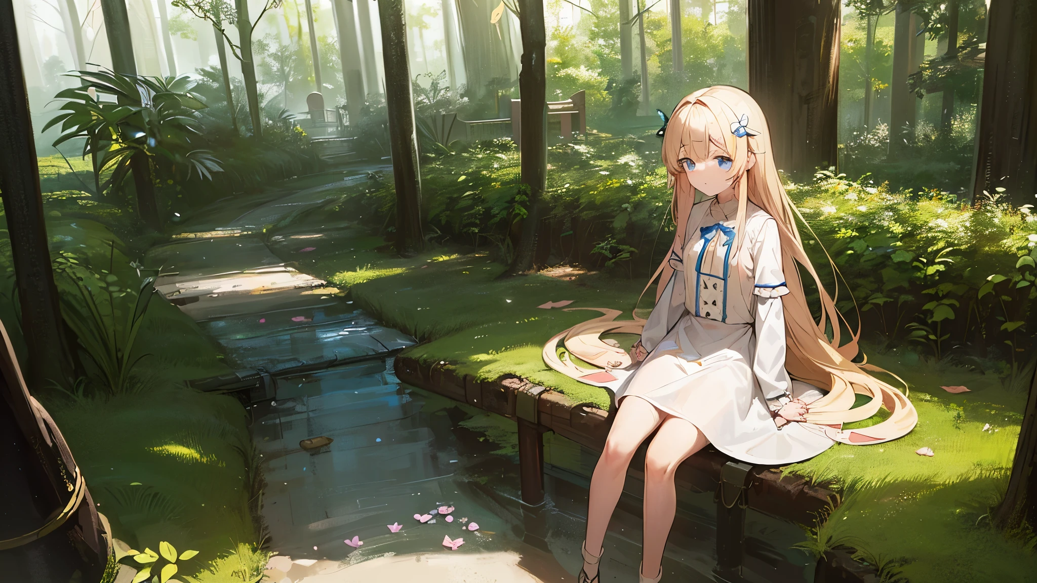 A twelve-year-old girl with long blond hair，There is a butterfly-shaped hairpin on the right side of her hair.，Wearing a long-sleeved white dress。She is holding her forehead，Looking troubled