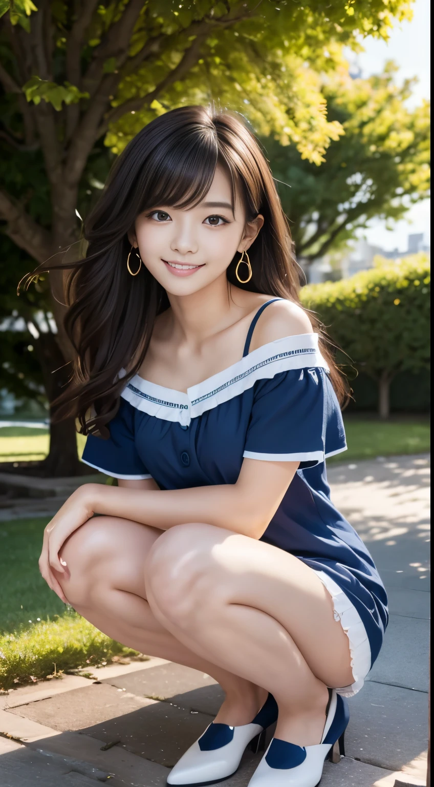 Woman squatting on the bank of a river、Both knees up、Beauty、20-year-old、university student、Well-balanced proportionedium build、Small face、Small breasts、Small Ass、A strong wind is blowing、grassland、There are a lot of trees、She is wearing a navy blue short-sleeved long dress、Wearing white panties、Wearing pumps、Uniform left and right eyes、blue sky、, black hair, long hair, messy hair, floating hair, earrings, parted lips, happy, seductive smile, Surrealism, Verism, cinematic lighting, first-person view, f/1.2, Nikon, UHD, best quality, highres, 8k, anatomically correct