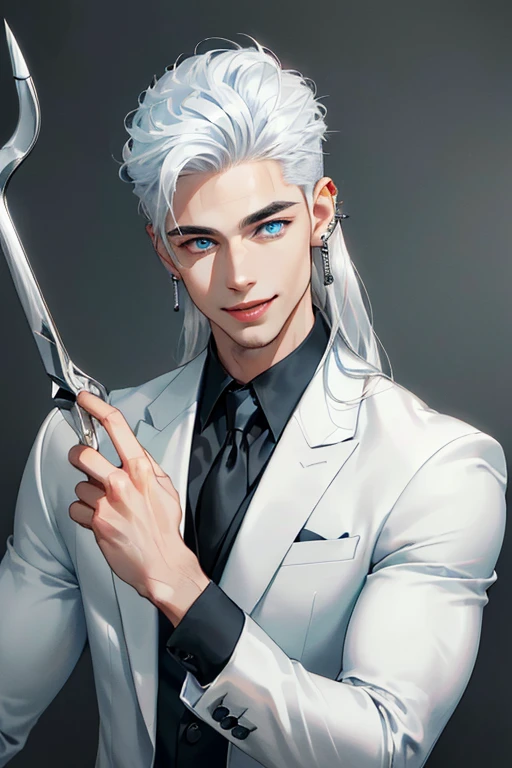 (masterpiece, best quality, high resolution: 1.4), 1 young man, playful, brutal lively, skin pore texture, HD , photography, film, cinematic, portrait, realistic, (8k, raw photo, best quality, masterpiece:1.2), (realistic, photorealistic:1.33), best quality, (bright blue eyes), ((Strict men's suit in bohemian style), (platinum hair), (long white hair), (Hair long enough to touch the shoulders), (28 years old), ((white shirt), (handsome), smile, full-length, detailed and realistic portrait of a young man, (sporty), (playful), (playful smile), (muscular), bright, happy, (piercing in the style of "industrial" adorns one ear, adding uniqueness and sharpness to it. the eyebrow is also decorated with a silver piercing).