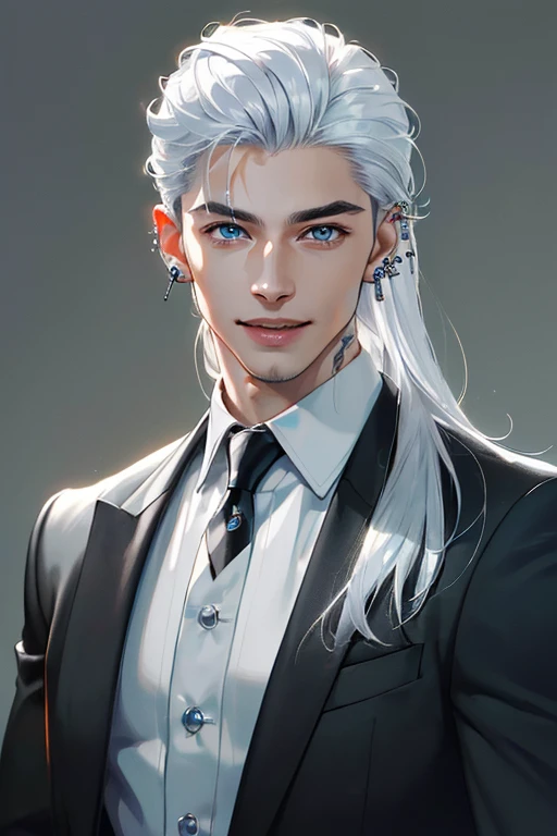 (masterpiece, best quality, high resolution: 1.4), ung man, playful, brutal lively, skin pore texture, HD , photography, film, cinematic, portrait, realistic, (8k, raw photo, best quality, masterpiece:1.2), (realistic, photorealistic:1.33), best quality, (bright blue eyes), ((Strict men's suit in bohemian style), (platinum hair), (long white hair), (Hair long enough to touch the shoulders), (28 years old), ((white shirt), (handsome), smile, full-length, detailed and realistic portrait of a young man, (sporty), (playful), (playful smile), (muscular), bright, happy, (piercing in the style of "industrial" adorns one ear, adding uniqueness and sharpness to it. the eyebrow is also decorated with a silver piercing).
