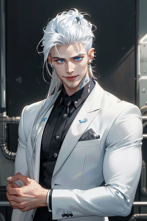 (masterpiece, best quality, high resolution: 1.4), 1 young man, playful, brutal lively, skin pore texture, HD , photography, film, cinematic, portrait, realistic, (8k, raw photo, best quality, masterpiece:1.2), (realistic, photorealistic:1.33), best quality, (bright blue eyes), ((Strict men's suit in bohemian style), (platinum hair), (long white hair), (Hair long enough to touch the shoulders), (28 years old), ((white shirt), (handsome), smile, full-length, detailed and realistic portrait of a young man, (sporty), (playful), (playful smile), (muscular), bright, happy, (piercing in the style of "industrial" adorns one ear, adding uniqueness and sharpness to it. the eyebrow is also decorated with a silver piercing).