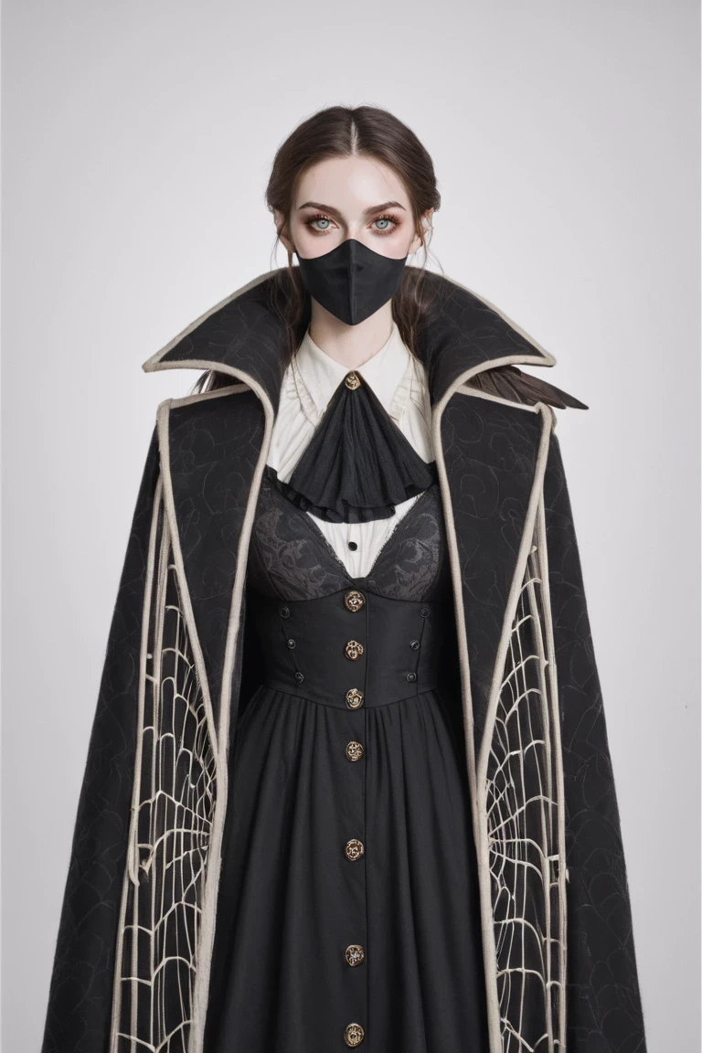 score_9, score_8_up, score_7_up, BREAK,
plague doctor in Victorian attire, textured coat with rivet embellishments, elongated beak mask with a single gleaming eye, stark contrast between dark clothing and pale background, delicate spiderweb patterns on the torso, ominous yet elegant, steampunk-inspired fashion, a sense of historical fiction with a dark twist