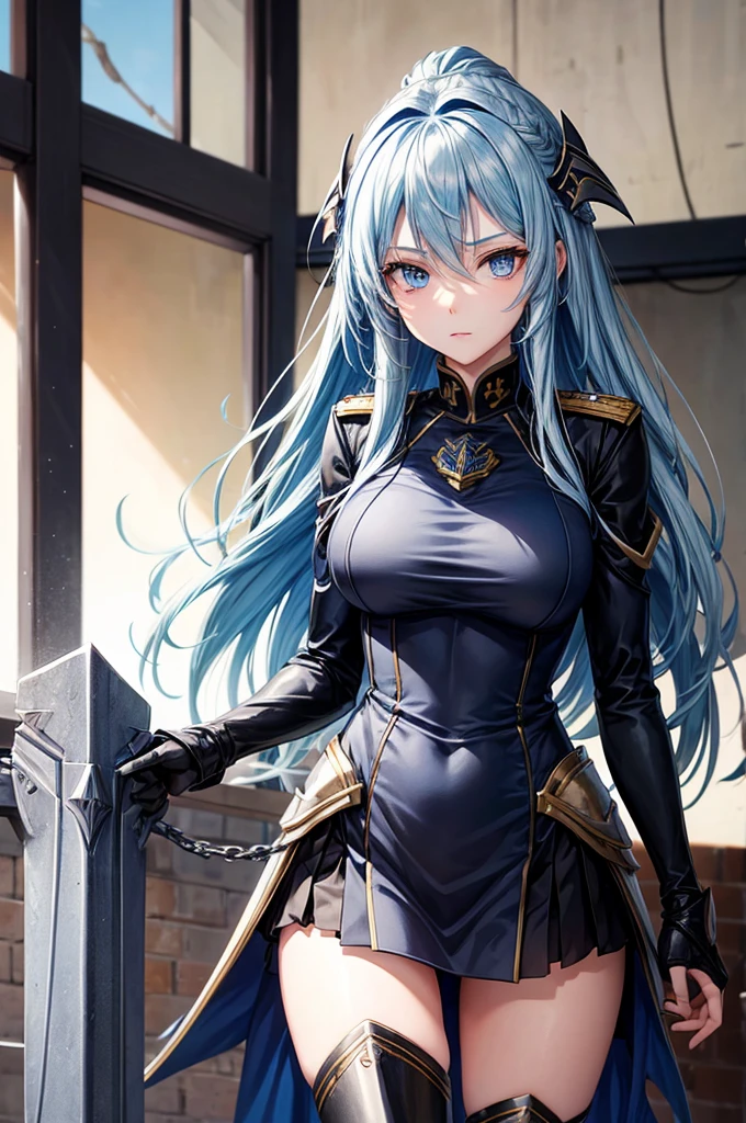 Chtholly had long sky-blue hair and blue eyes. In battle, she wears a black/navy blue Guardian Wings military uniform, as well as steel armor.
