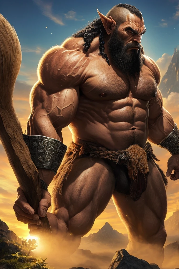 Obra prima, melhor qualidade, um velho feiticeiro orc macho, usando tunica, capuz, cabelos brancos, segurando um cajado, ultra detalhado, 8k, muito reailista