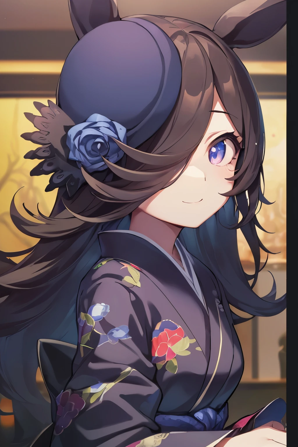 (Tabletop.highest quality).(Dynamic Angle). (CG paintings with attention to detail),(Perfect Image)、Comic Strip.shape.1 girl.Detailed face、Perfect Face.Delicate face、Delicate girl in black kimono、Rough skin、Black Hair.length、(Umamimi Girl)Umamimi Girl、((Beautiful Blue Eyes)).繊細でBeautiful Eyes、Beautiful Eyes、Reflective Eyes、smile.(Looking at the audience:1.3).8k wallpaper、Cowboy Shot、reflected light、Most detailed、Complex、((Dark Background.Dark Japan room:1.4))、Rough skin、Fine skin、(Super Resolution)、((Japanese girl in black clothes))、((全体的にDark Japan room))
