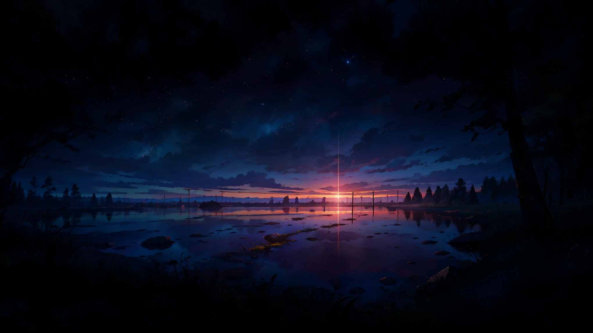 Horror, Bloody Cloud, Runway: 1.2, wood, shooting star, Small Waterhole, reflection, Shady, sunlight, Wide-angle, highest quality, 8k, perspective, Depth of written boundary, High resolution, The finer details, Super detailed, Sharp focus, Village Japan
