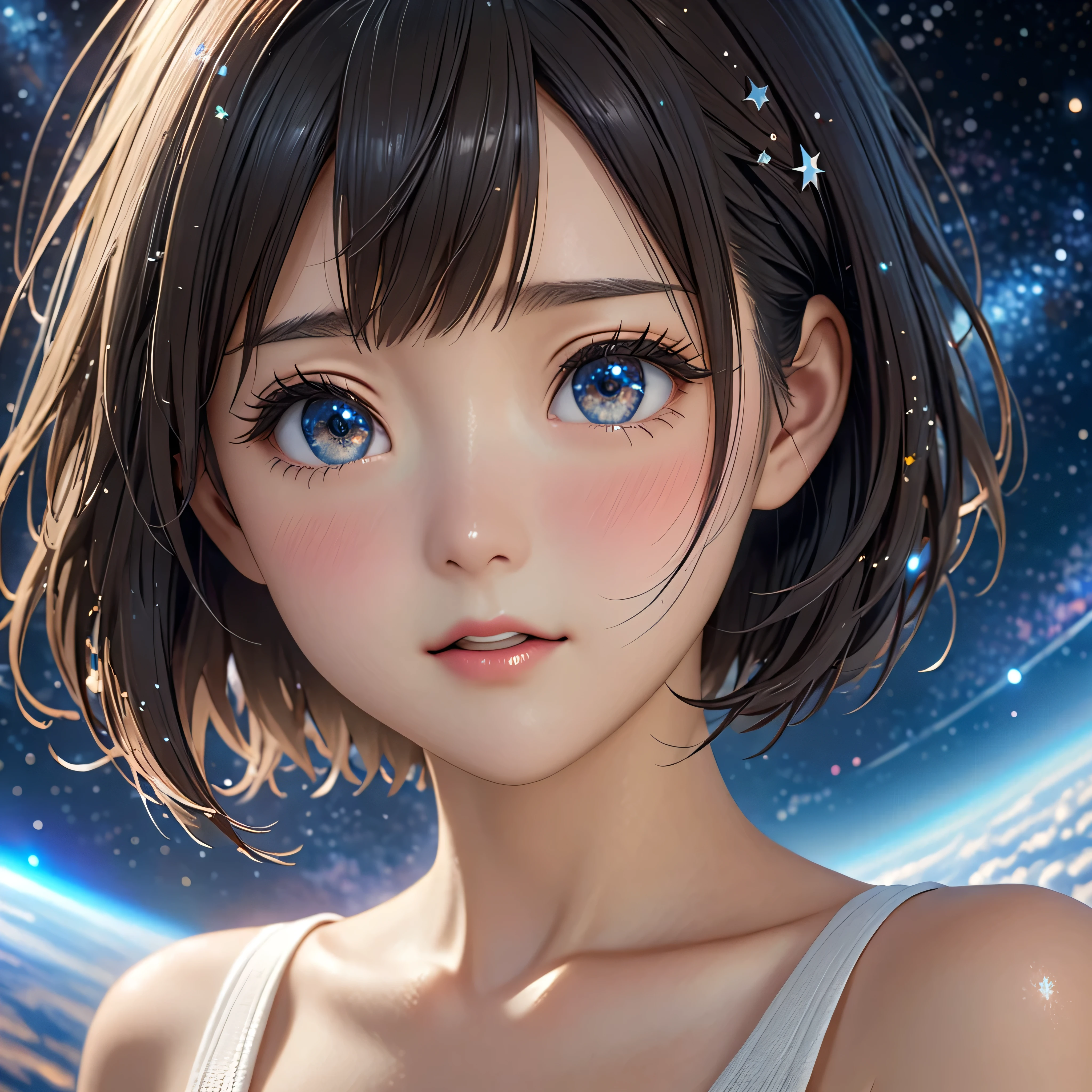 National Science Foundation,masterpiece,High resolution,8K,Art,digit,Three-dimensional,Realism,Kyoto Animation Style,your name movie style,cute,Facing the camera,universe,Milky Way,Planet,(1 female: 1.3),(alone: 1.4),Upper body nudity,Long eyelashes,Long thin legs,Short Bob,Close-up of upper body,Close-up,close view,Starry Sky,Eyes as deep as the Starry Sky,Blushed,shy,shy,open mouth,sad