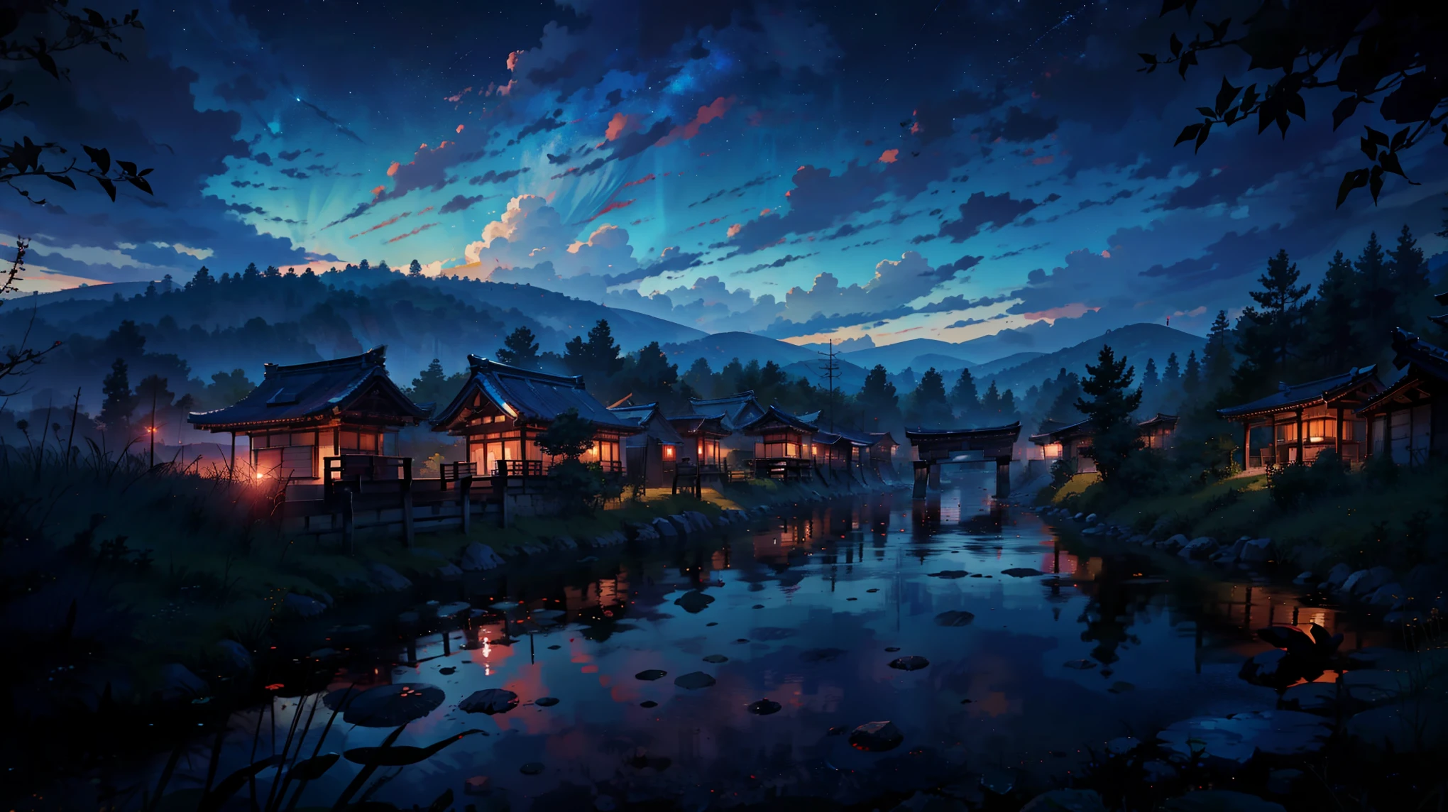 Horror, Bloody Cloud, Runway: 1.2, wood, shooting star, Small Waterhole, reflection, Shady, sunlight, Wide-angle, highest quality, 8k, perspective, Depth of written boundary, High resolution, The finer details, Super detailed, Sharp focus, Village Japan