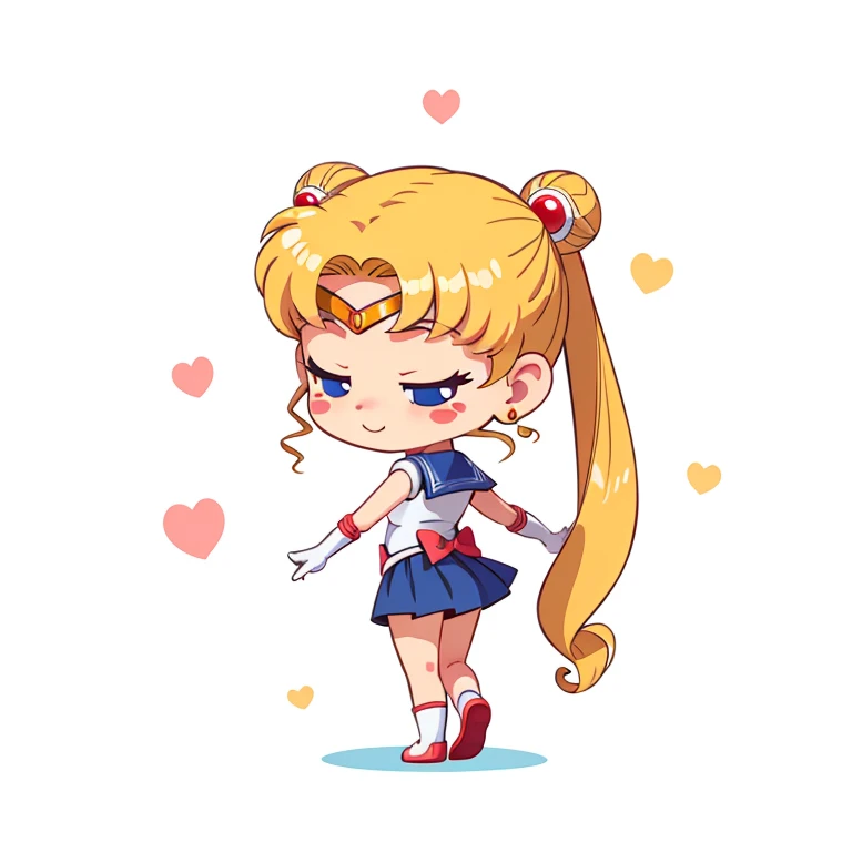 tsukino usagi, sticker, simple background, full body, cute, kawaii, ((sticker-style white background:1.3)), simple background, clean:0.9, lineart, vector, happy, same as original, (blonde hair color), chibi, from behind, solo, lifting skirt