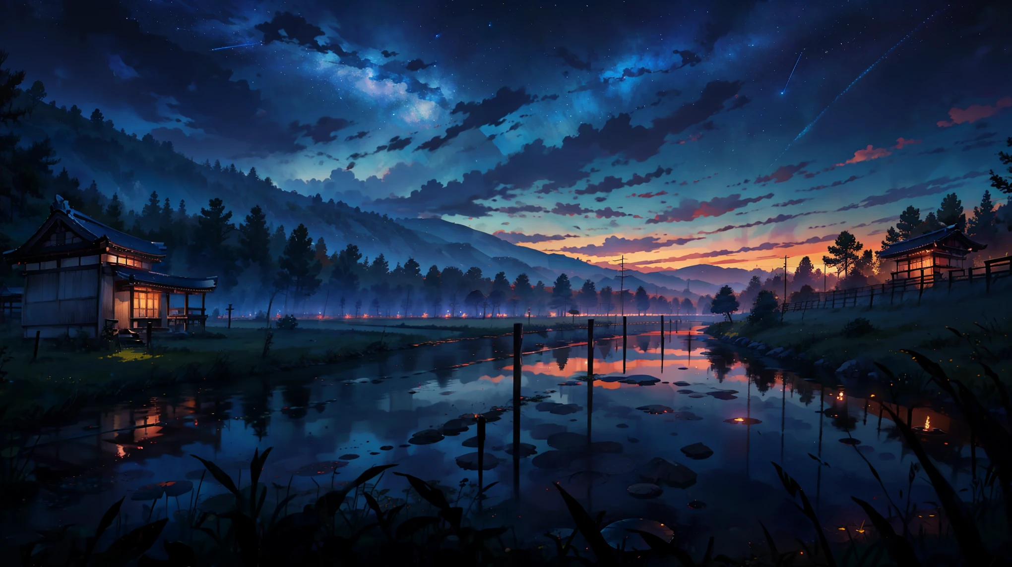 Horror, Bloody Cloud, Runway: 1.2, wood, shooting star, Small Waterhole, reflection, Shady, sunlight, Wide-angle, highest quality, 8k, perspective, Depth of written boundary, High resolution, The finer details, Super detailed, Sharp focus, Village Japan