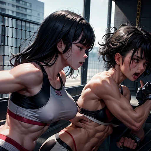 She is cornered in a wire fence, badly beaten by her opponent. She is wearing a sports-bra andhigh-leg shorts. Her opponent tries to kill her with a powerful punch. The girls are exhausted. Two young and beautiful Japanese female mixed martial artists are fighting in the octagon. They are smashing their fists against their opponents' bodies. They are covered in blood. Their mouths open, drooling, one eye closed, gasping for air. They are sweating profusely. Short-cut black hair. Open finger gloves. Erect nipples. Super big tits. Muscular. Six pack abs. Very thick arms and thighs.