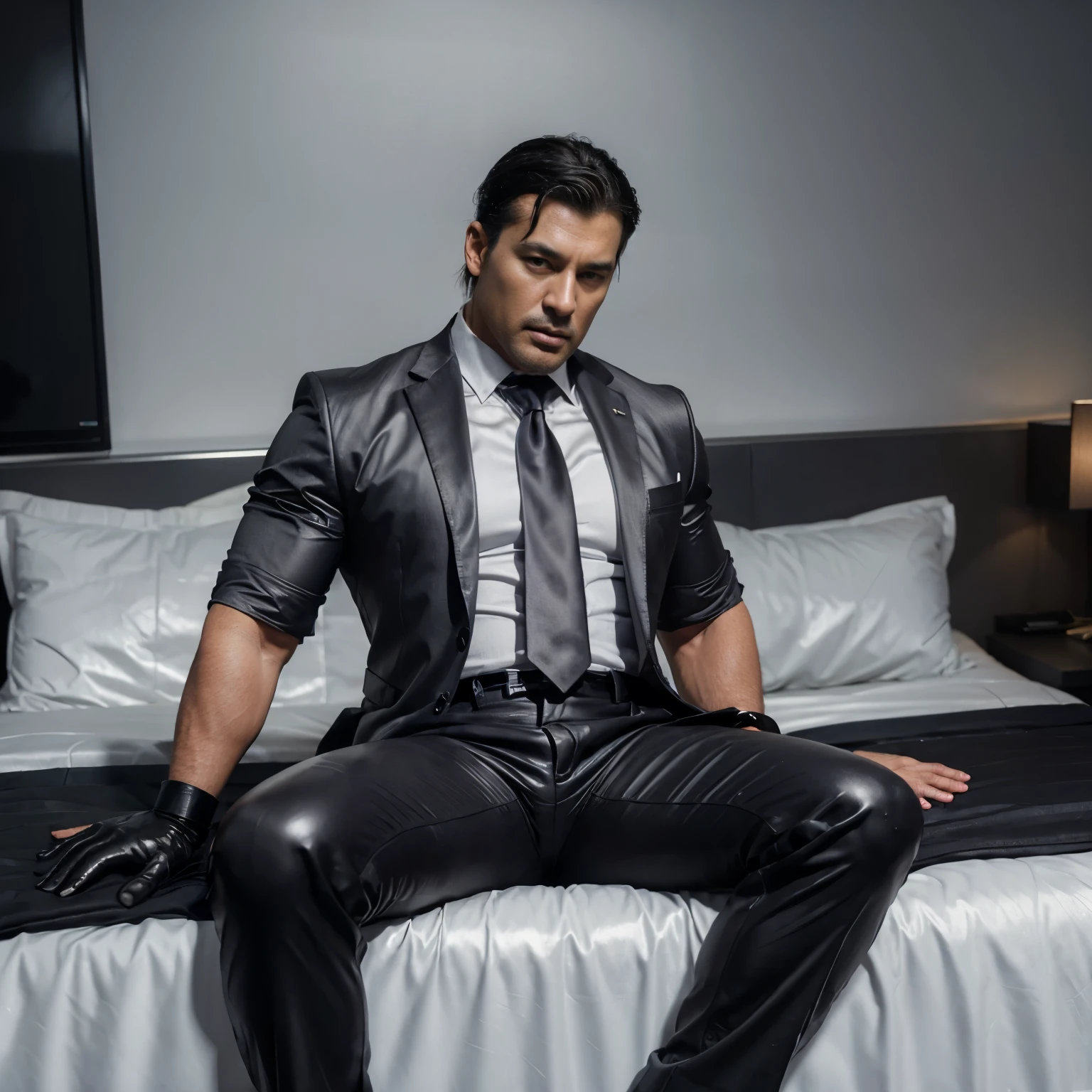 30 years old,daddy,"shiny suit",wear white shirt, very glossy pants, necktie, waistcoat, shiny satin trousers,dark gray satin fabric ,Dad sit down on bed,  k hd,in the office,"big muscle" ,black hair,asia face,masculine,strong man,the boss is,handsome,,leather gloves,lecherous dad,look straight ahead,dad is handsome,dad is handsome, dad is "big horny daddy"