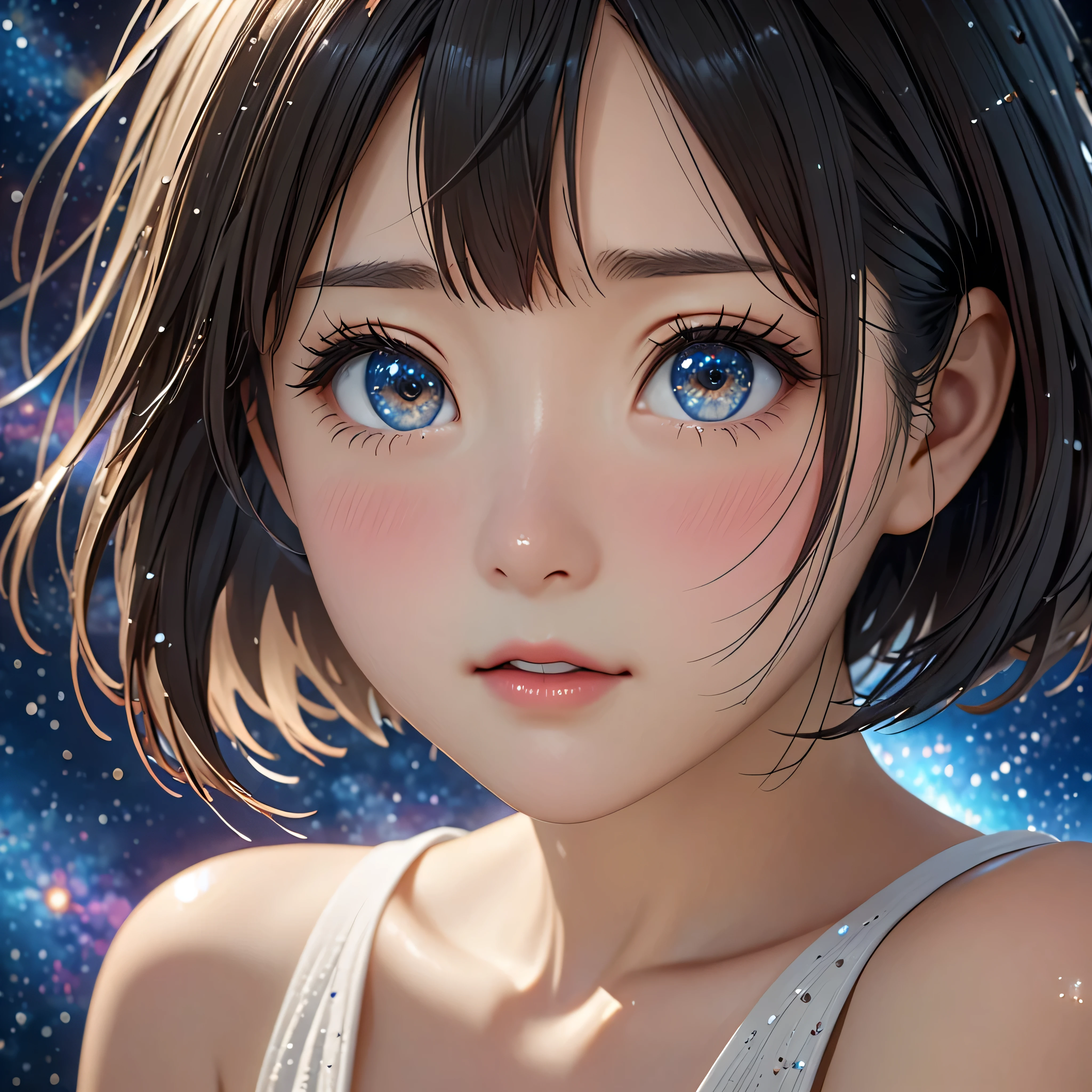 National Science Foundation,masterpiece,High resolution,8K,Art,digit,Three-dimensional,Realism,Kyoto Animation Style,your name movie style,cute,Facing the camera,universe,Milky Way,Planet,(1 female: 1.3),(alone: 1.4),Upper body nudity,Long eyelashes,Long thin legs,Short Bob,Close-up of upper body,Close-up,close view,Starry Sky,Eyes as deep as the Starry Sky,Blushed,shy,shy,open mouth,sad
