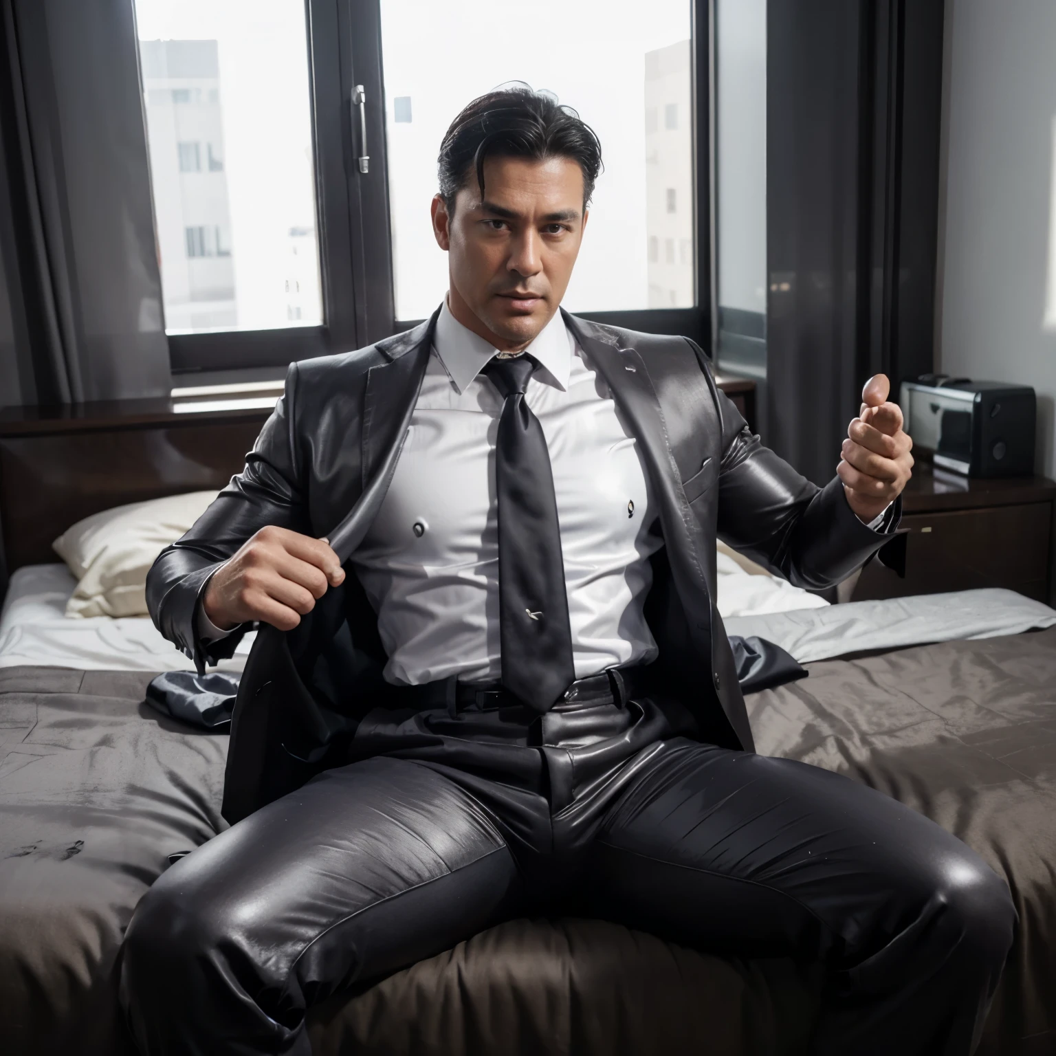 30 years old,daddy,"shiny suit",wear white shirt, very glossy pants, necktie, waistcoat, shiny satin trousers,dark gray satin fabric ,Dad sit down on bed,  k hd,in the office,"big muscle" ,black hair,asia face,masculine,strong man,the boss is,handsome,,leather gloves,lecherous dad,look straight ahead,dad is handsome,dad is handsome, dad is "big horny daddy"