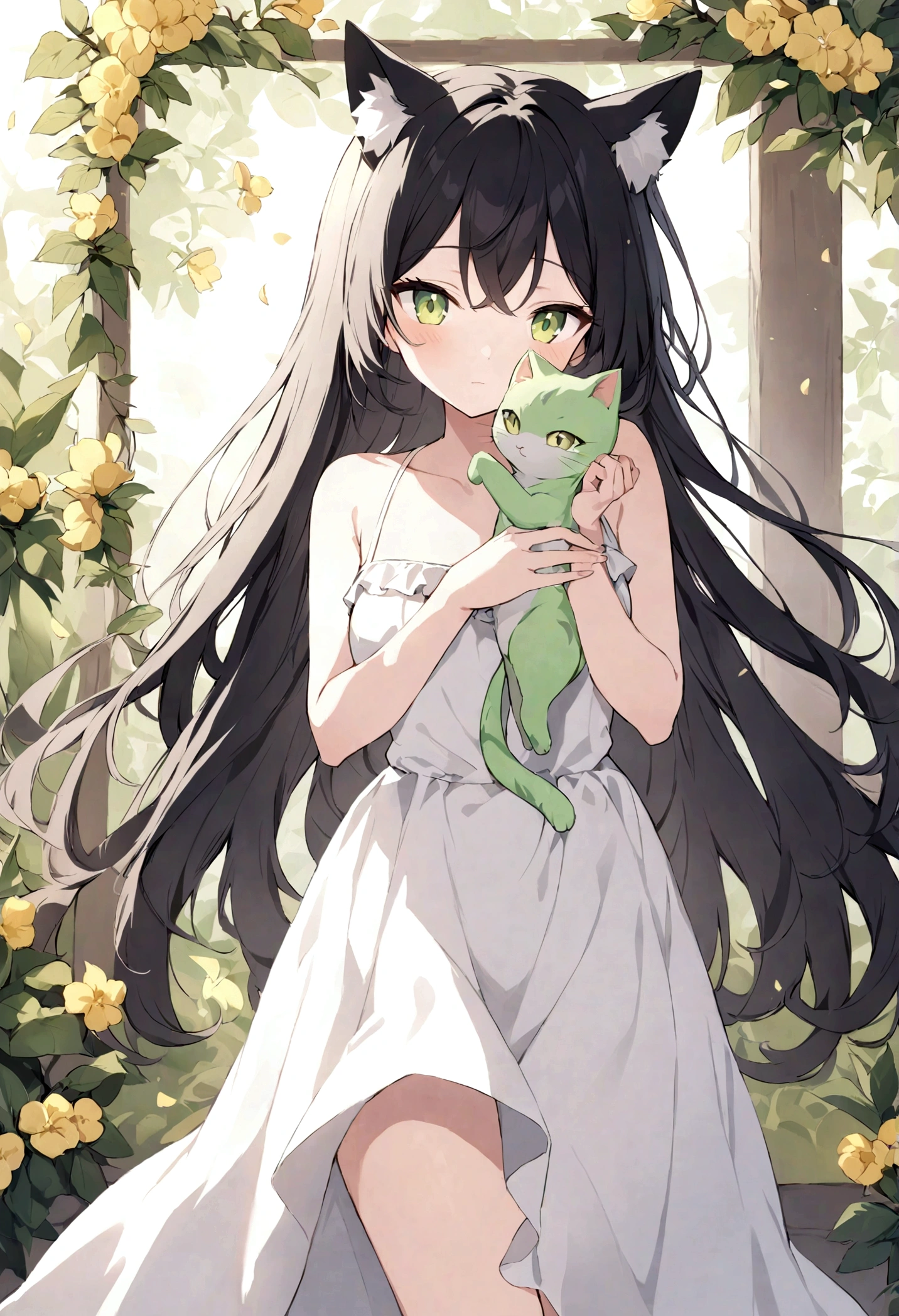 Sure, here's a descriptive prompt for your character:

"A stunning cat girl stands gracefully in the sunlight, her mesmerizing pearl green cat eyes reflecting a world of curiosity and allure. Her medium-length black hair, styled in a chic feather haircut, frames her face perfectly, adding an air of mystery to her already captivating appearance. She wears a beautiful white sundress adorned with delicate yellow flowers along the hem, the fabric flowing gently around her perfect figure. Her feline features blend seamlessly with her human form, creating an enchanting hybrid of elegance and grace."