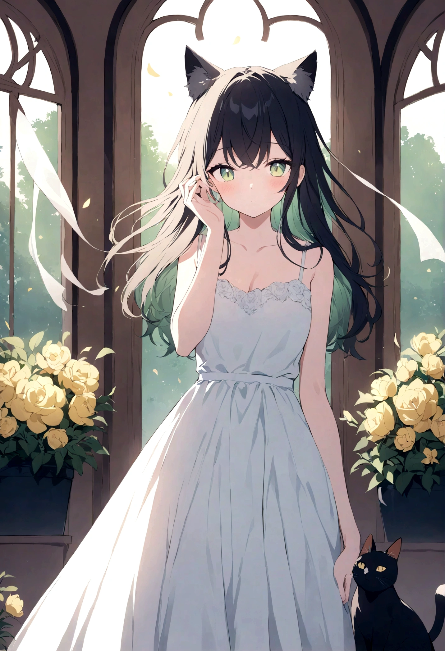 Sure, here's a descriptive prompt for your character:
"A stunning cat girl stands gracefully in the sunlight, her mesmerizing pearl green cat eyes reflecting a world of curiosity and allure. Her medium-length black hair, styled in a chic feather haircut, frames her face perfectly, adding an air of mystery to her already captivating appearance. She wears a beautiful white sundress adorned with delicate yellow flowers along the hem, the fabric flowing gently around her perfect figure. Her feline features blend seamlessly with her human form, creating an enchanting hybrid of elegance and grace."