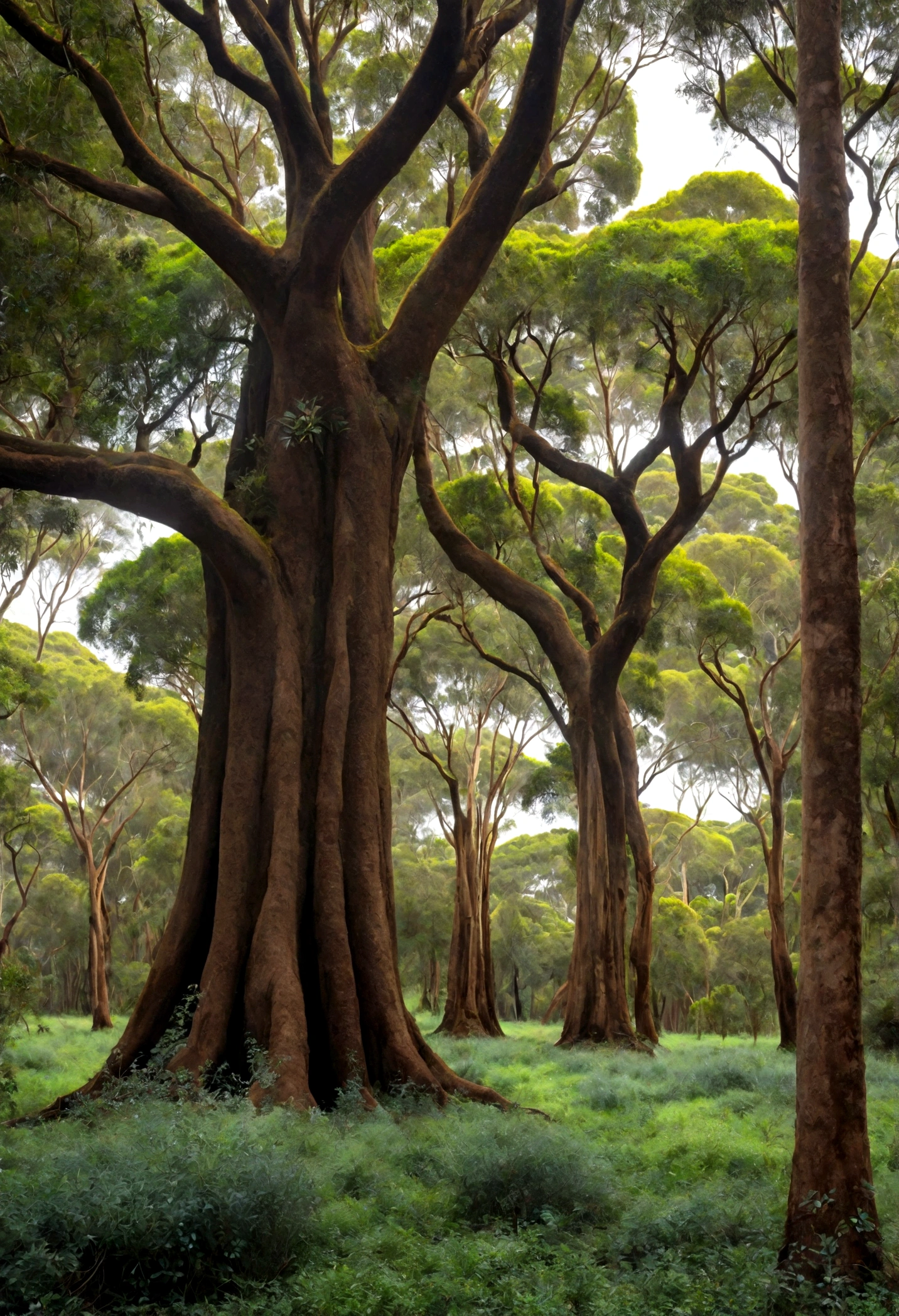 Floresta densa, natureza viva, serpentes, large tree highlighted, smaller trees around, ambiente verde, eucalyptus trees, dense vision