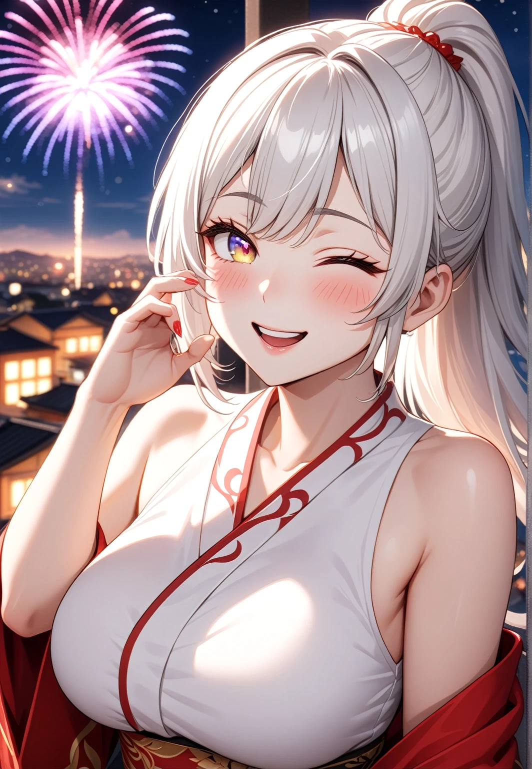 ((one personの女性)), Beautiful Face,Laughing embarrassedly,Laughing with your mouth open,((Wink:2.0)),(Bright red cheeks),Glossy pink lips,night,rooftop,firework,((Anime style background)),masterpiece, highest quality, so beautiful, Latest, Complex details, (Pink long nails),(ring),AI-generated, Complex,High resolution, highest quality, super high quality,3D Images、View your viewers、3D Images,one person,Long white hair,High Ponytail,blue eyes,Anime woman posing for a photo, ((Fine grain、Platinum colorful eyes、Shining Eyes:1.4)),(Squint your eyes:1.1),a hyperRealistic , hyperRealistic , Realistic,Anime woman with long and white hair, Smooth anime CG art, A woman in a colorful kimono with gold embroidery, (White kimono),Red floral pattern,Long flower hair ornament,Big earrings,Mature Body,(Big Breasts:1.2),Tall,Big Ass,Fine details,Narrow waist,Abdominal muscles,(Face close-up:1.2),(A woman clasping their hands in front of their mouth with a delighted expression),