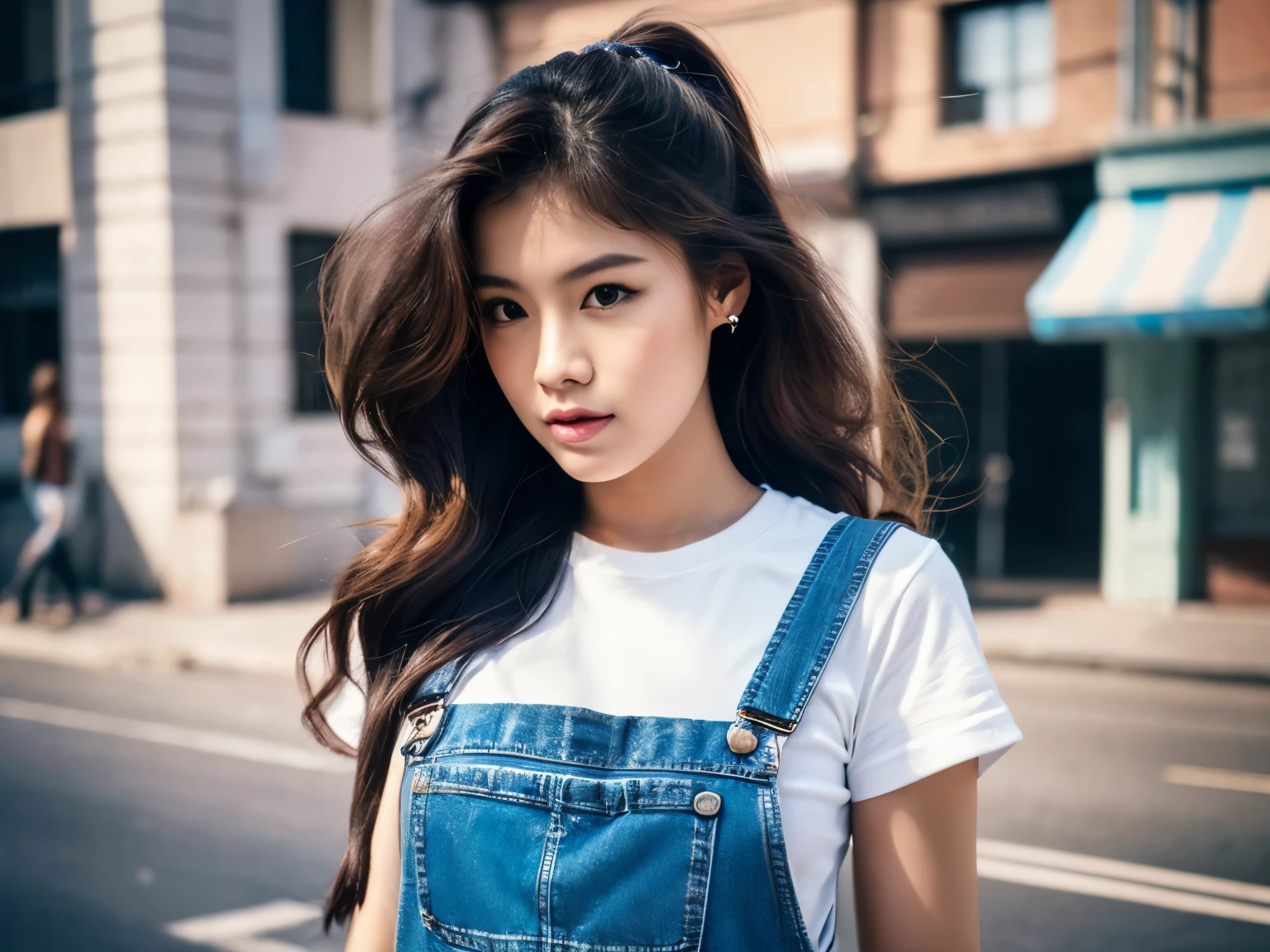 a photo of pho3b3cat3s, beautiful woman, ((24 years old)), street, tshirt, denim overalls, 1980s, retro, long wavy dark hair ponytail, (masterpiece), (extremely detailed CG unity 8k wallpaper), Intricate, ((photorealistic)),