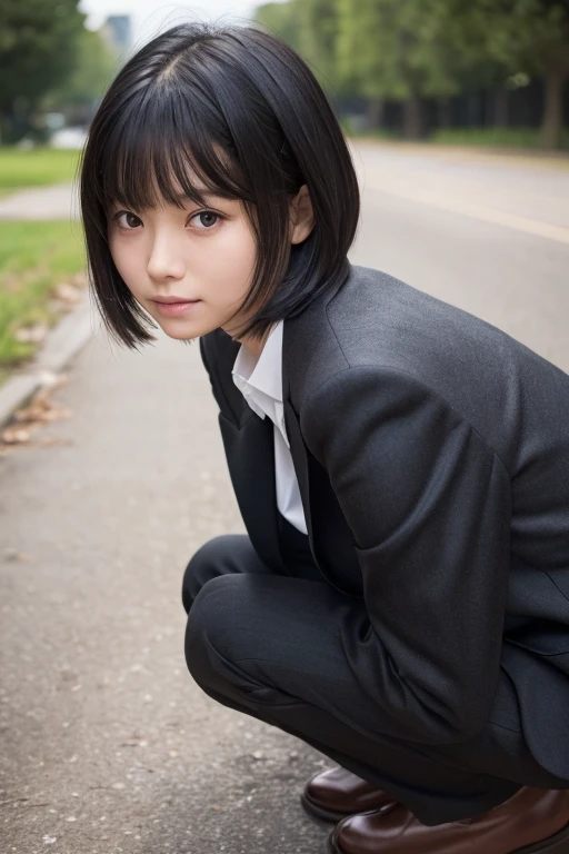 An elderly man in a suit looking down at a naked girl sitting on the ground、(High resolution:1.3), (16k, Photorealistic, Raw photo, Best image quality: 1.4), Japanese, (One Girl),  (Black-haired、short hair:1.3), Beautiful Hairstyles, (Realistic Skin), Beautiful skins, attractive, 超A high resolution, Surreal, High detail, Golden Ratio, Highly detailed cute girl,(20-year-old)