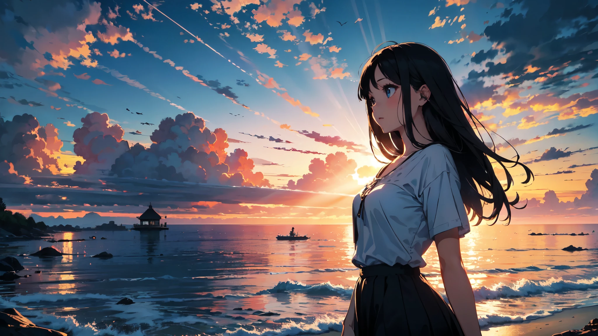 "Enchanting sunset scene of a girl enchanted by the majestic golden rays of sunlight and clouds, Create a vibrant color palette that inspires awe. masterpiece."
