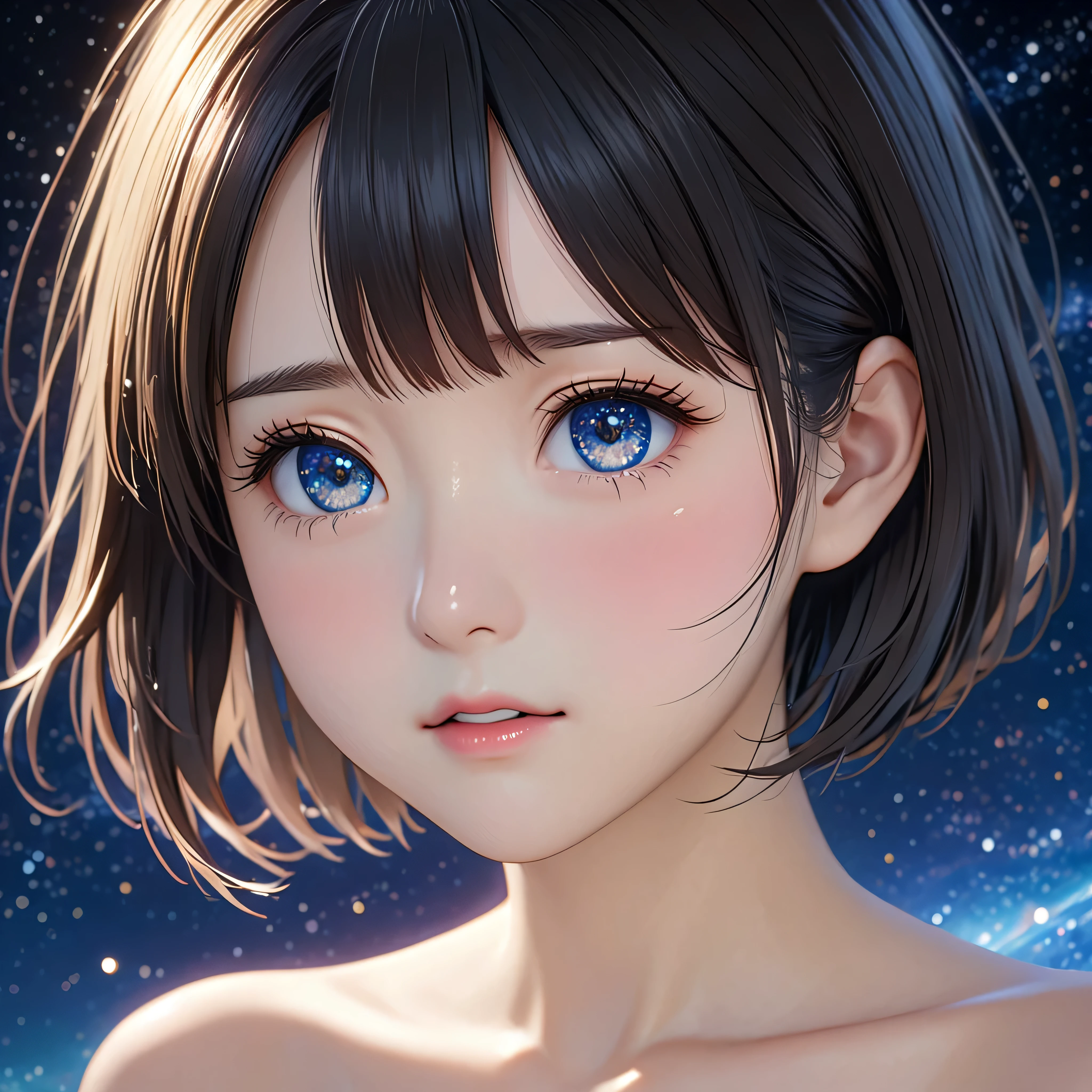 National Science Foundation,masterpiece,High resolution,8K,Art,digit,Three-dimensional,Realism,Kyoto Animation Style,your name movie style,cute,Facing the camera,universe,Milky Way,Planet,(1 female: 1.3),(alone: 1.4),Upper body nudity,Long eyelashes,Long thin legs,Short Bob,Close-up of upper body,Close-up,close view,Starry Sky,Eyes as deep as the Starry Sky,Blushed,shy,shy,open mouth,sad