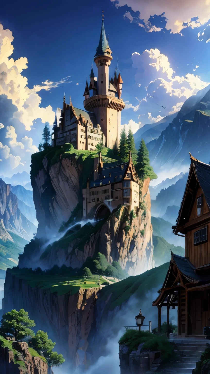 anime village with a mountain in the background, medeival fantasy town, mountain fortress city, fantasy town setting, detailed fantasy digital art, a bustling magical town, detailed digital concept art, cliffside town, 4k highly detailed digital art, fantasy town, detailed 4k concept art, highly detailed fantasy art, beautiful detailed concept art, steampunk villages castles