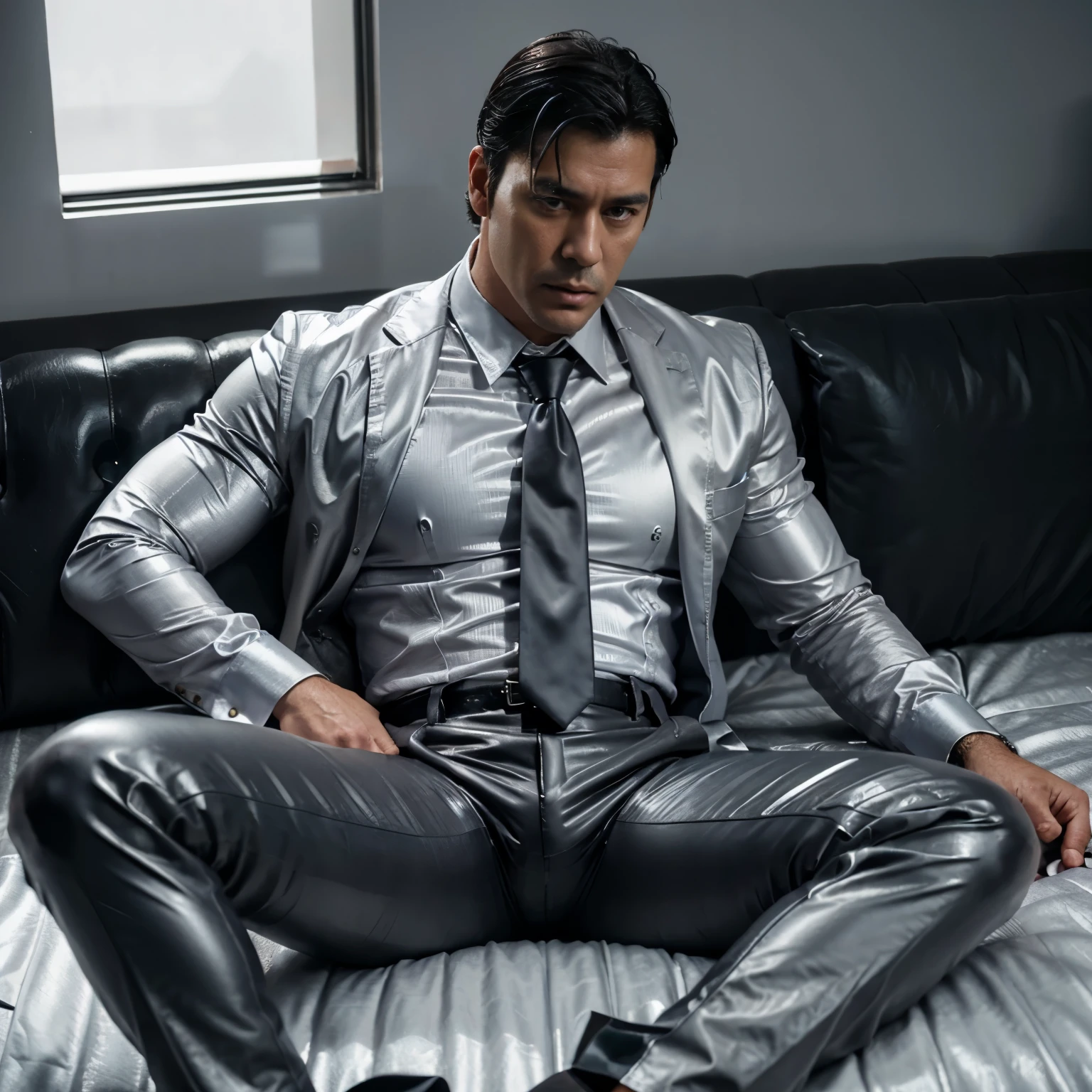 30 years old,daddy,"shiny suit",wear white shirt, very glossy pants, necktie, waistcoat, shiny satin trousers,dark gray satin fabric ,Dad lie down on bed,  k hd,in the office,"big muscle" ,black hair,asia face,masculine,strong man,the boss is,handsome,,leather gloves,lecherous dad,look straight ahead,dad is handsome,dad is handsome, dad is "big horny daddy"