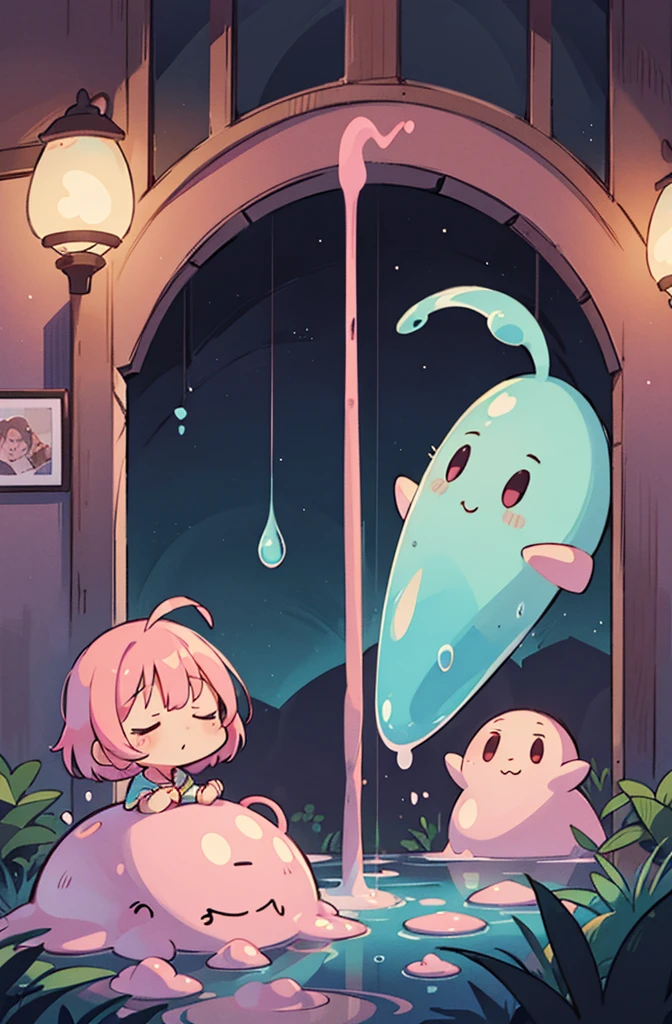 zPDXL2, score_9, score_8_up, score_7_up, score_6_up, score_5_up, score_4_up, 1girl white fabric skin pink hair closed eyes sailor dresschibi slime stuck in slime in a abandoned building dark sky details,