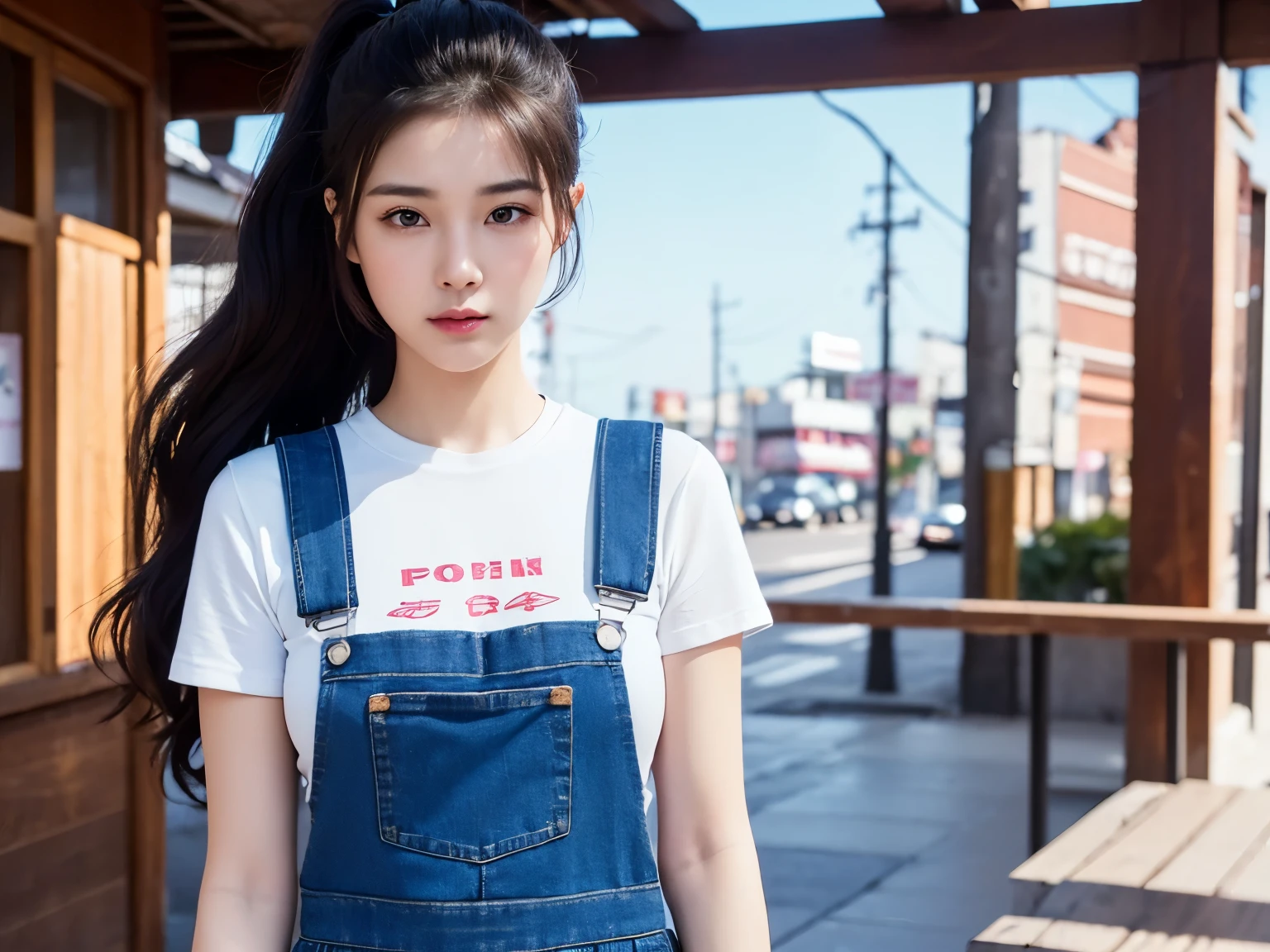 a photo of pho3b3cat3s, beautiful woman, ((24 years old)), street, tshirt, denim overalls, 1980s, retro, long wavy dark hair ponytail, (masterpiece), (extremely detailed CG unity 8k wallpaper), Intricate, ((photorealistic)),