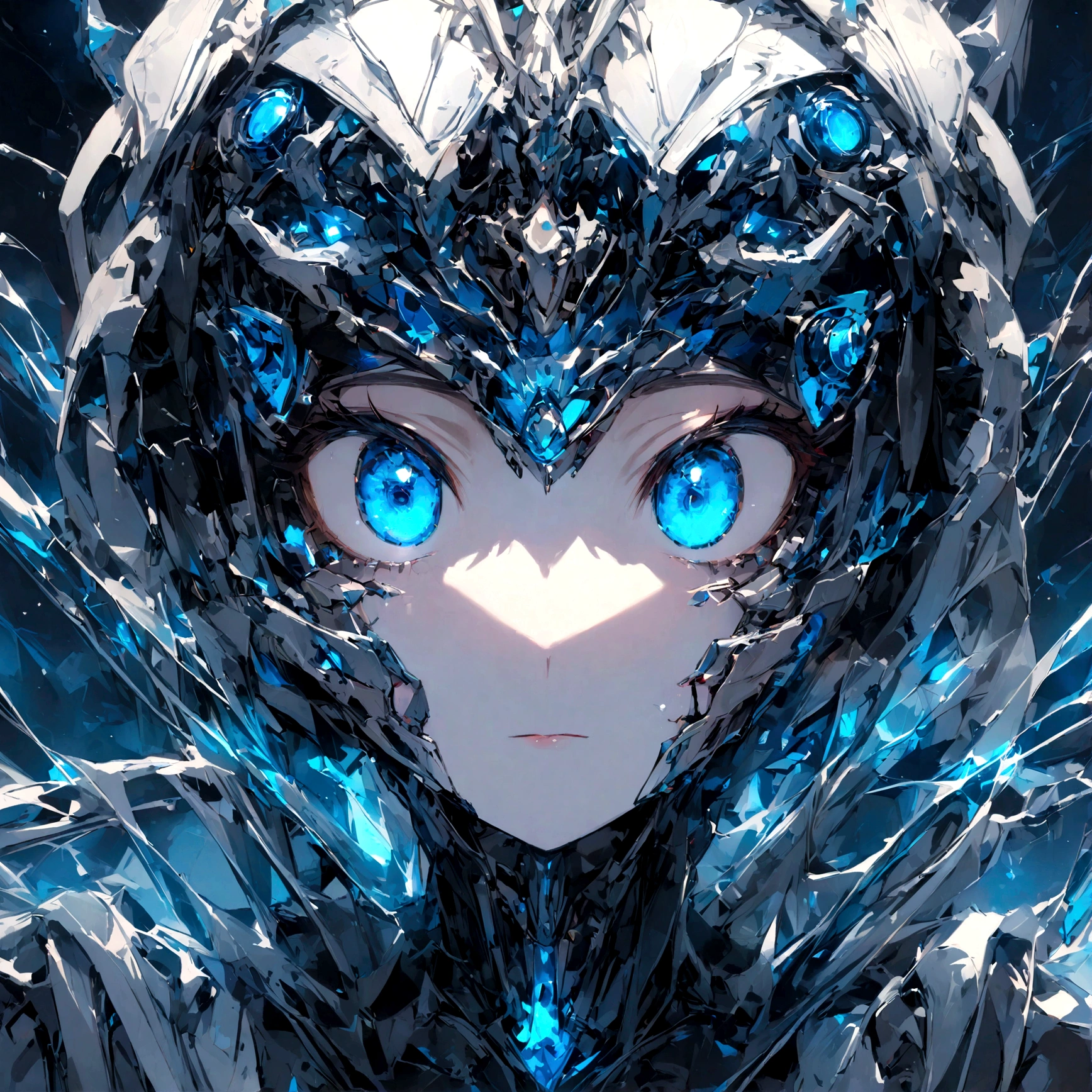 A woman with a robotic A small, agile robot with bright, inquisitive eyes. Its body is a sleek, metallic blue with thin, silver limbs that appear quick and responsive.
Close-up on its face, showcasing its focused expression as it analyzes data streams.