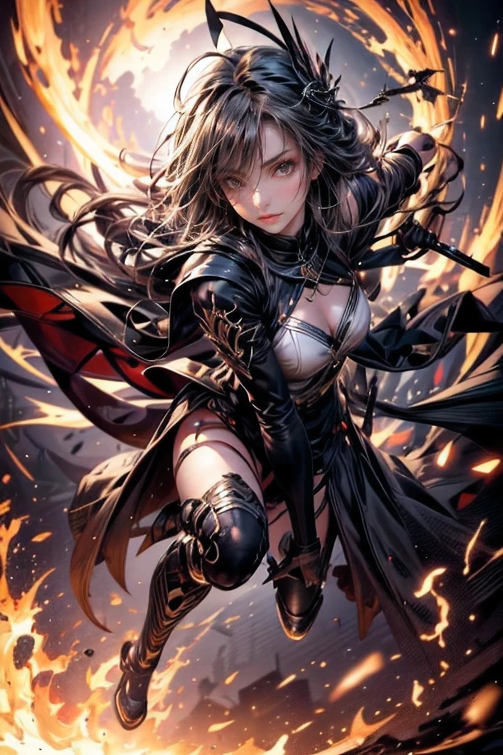 wlop style, fantasic Illustration, masterpiece: 1.2, highest quality, highres, 16k, beautiful detailed, ultra-realistic, photo realistic: 1.37, beautiful grim reaper girl wielding a large sickle, growing red eyes, shining pupils, blushed cheek, shiny rosy lips, delicate beautiful (hair, face, eyes, pupils, sickle), full-body wide view, dynamic posing