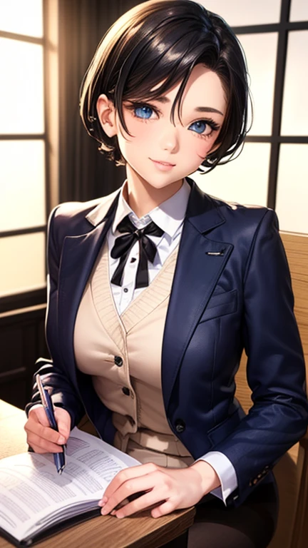 A girl is posing for a photo,pretty girl,Enchanting girl,Anime Girls,
(((One Girl,Baby Face,16 years old))),
BREAK
(black ribbon tie + White Collar Dress Shirt + blue suit jacket + blue suit vest + Blue Shiny Pencil Mini Skirt)、((black pantyhose : low denier, sheer, glossy finish))、(Black high heels),
BREAK
(Black Hair, (hair slicked back + Side-haired hairstyle showing ears + Very short back hair))、
(Drooping eyes,blue eyes),(Small breasts),
BREAK
(Evil Smile),
((noon + Sunlit office)), ((sit cross-legged at a desk、Cowboy Shot)),
BREAK
(Beautiful Hair,Shiny Hair),
(Expression of fine eyes,Beautiful and delicate eyes,Sparkling eyes,Eye Reflexes),
(double eyelid,Long eyelashes),
(Beautiful Nose,Thin Nose),
(Glossy lips,Beautiful Lips,Thick lips),
(Symmetrical facial features,Perfect Face),(((Detailed skin,Oily skin,Textured skin,Beautiful Skin))),
BREAK
(((highest quality)),((masterpiece)),((Very detailed))),((High resolution),(8k),(16k,1080p),(Anime 2D Rendering)),(Anatomically correct),
(The best CG),Highly detailed art,CG illustration,