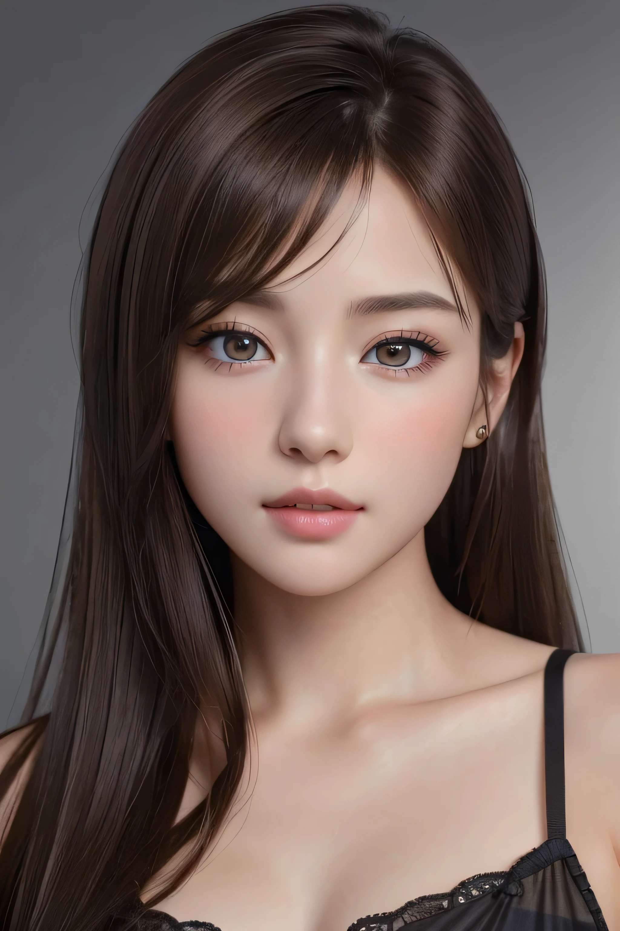 (Representative works: 1.3), (8k, Realistic, RAW Photos, Best image quality: 1.4), (20 year old beauty),Small face, Beautiful Face, (Realistic Face),Natural Makeup、light makeup、 (Dark brown, Long Hair: 1.3), Beautiful Hairstyles, Realistic eyes, Beautiful fine details, (Photorealistic Skin: 1.2), Beautiful Skin、Bust D cup、 Confused, charm, 超High resolution, Ultra-realistic, High resolution, Golden Ratio,、Gray background、sexy、cute