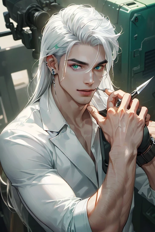 (masterpiece, best quality, high resolution: 1.4), ung man, playful, brutal lively, skin pore texture, HD , photography, film, cinematic, portrait, realistic, (8k, raw photo, best quality, masterpiece:1.2), (realistic, photorealistic:1.33), best quality, (bright green eyes), ((Strict men's suit in bohemian style), (platinum hair), (long white hair), (Hair long enough to touch the shoulders), (long bangs), (28 years old), ((white shirt), (handsome), smile, full-length, detailed and realistic portrait of a young man, (sporty), (playful), (muscular), bright, happy, (piercing in the style of "industrial" adorns one ear, adding uniqueness and sharpness to it. the eyebrow is also decorated with a silver piercing).