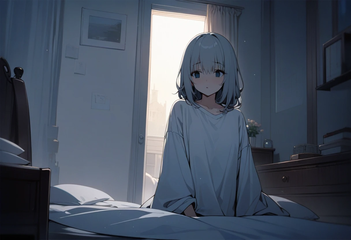 1girl, grey hair, empty eyes, scared, supper body, bedroom, indoor, masterpiece, best quality, absurdres, very aesthetic, oldest, General