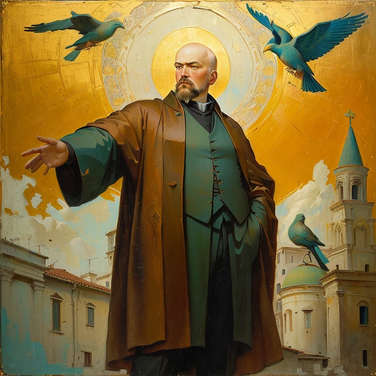 Arafed: Icon of Lenin with a bird in his hand, Pietro Lorenzetti, inspired Pietro Lorenzetti, Duccio, Taddeo Gaddi, Quirisio di Giovanni da Murano, inspired Taddeo Gaddi, by Cimabue, Simone Martini, Christian Saint Rosace, Giotto, Fra Angelico
