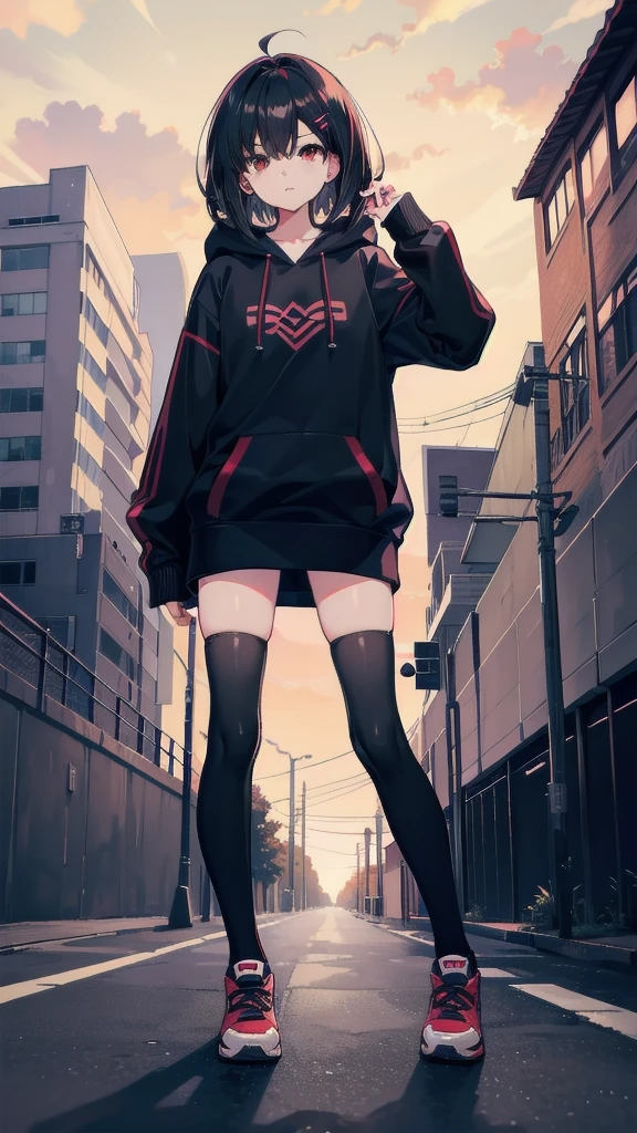 zettai ryouiki, Hoodie,short hair, Black hair, Flat chest, 1girl, Red eyes,s girl,hair pin,Solo, Morning,full body, highres