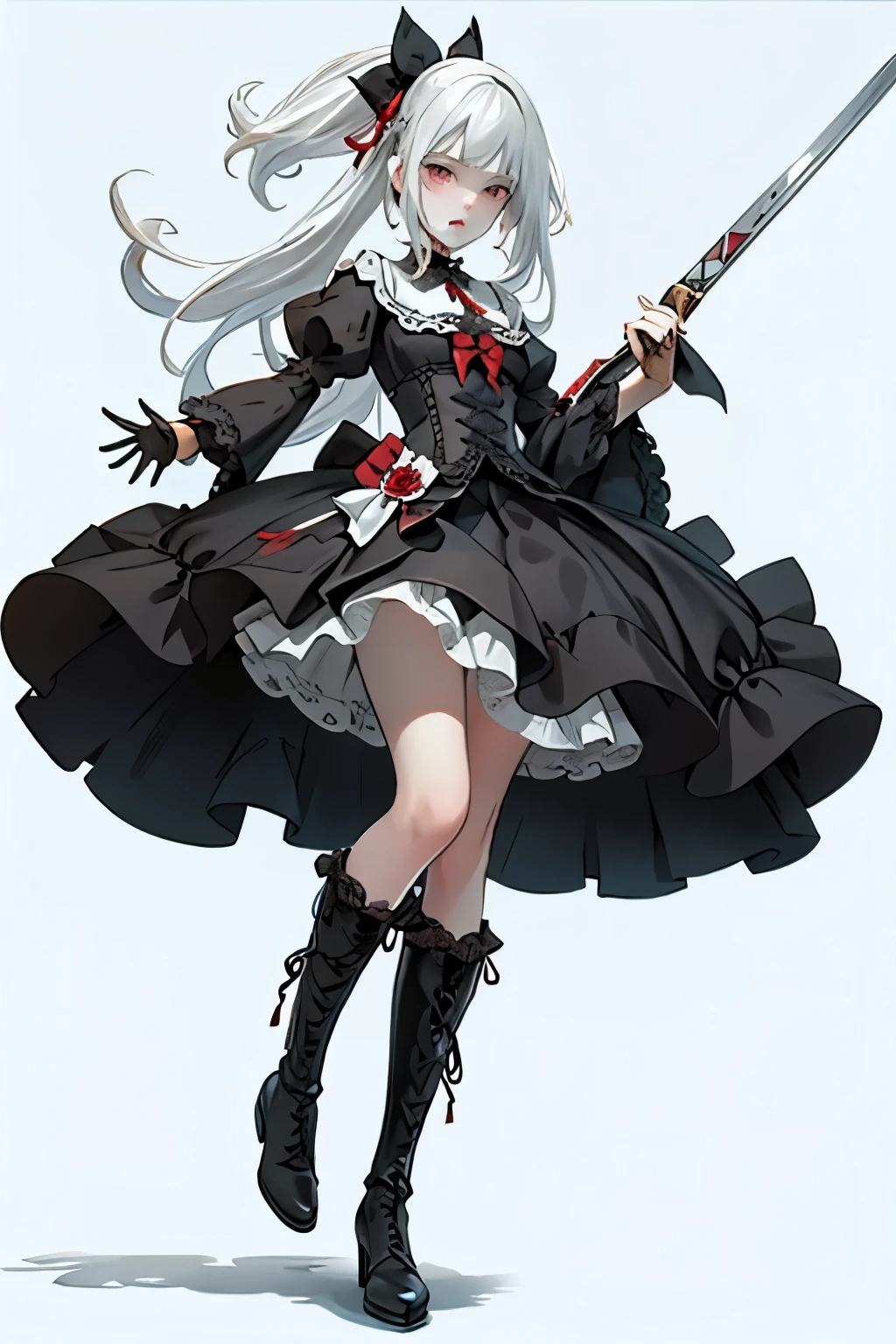 ((best quality)), ((masterpiece)), (detailed), blank white background, plain background, white background, red and white clothing, Bloodborne inspired, occult aesthetic, occult, detailed and intricate steampunk and detailed gothic, NSFW, Very dramatic and cinematic lighting, cosmic horror, grim-dark, side-lighting, perfect face, NSFW, Fluttering lace flared long knee length dress with frilly petticoats, knee length dress, pleated petticoats, ta dress, petticoats gothic lolicomplex lace boots, side-lighting, gothic lolita aetic, wielding a mighty sword, carbine, NSFW, beautiful small breasts, small breasts, full body, whole body, body, plain background, white background, blank background, no background, white background NSFW, full body, whole body, head-to-toe NSFW